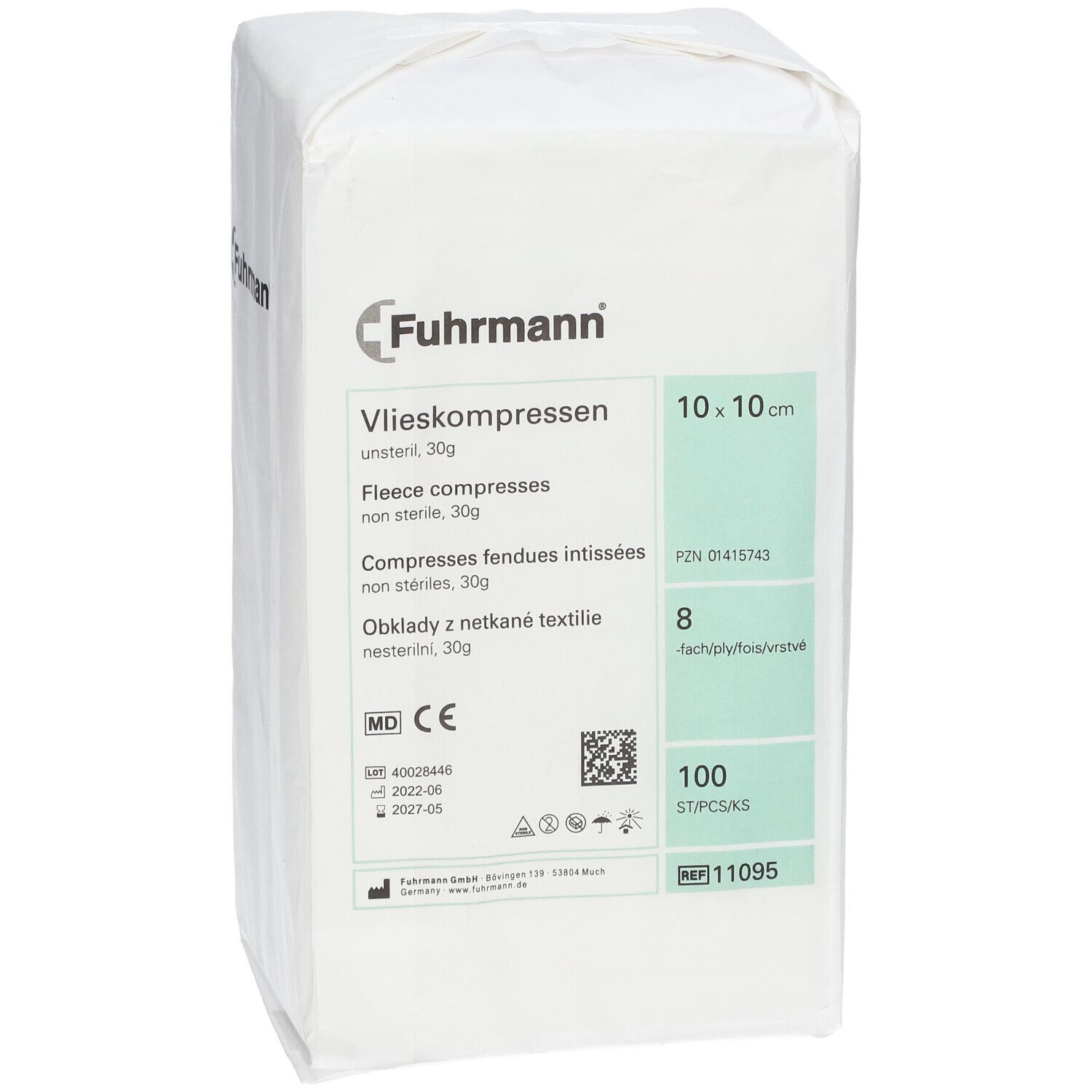 Fuhrmann Vlieskompressen, 8-laags, 10x10 cm, 100 stuks, niet steriel.