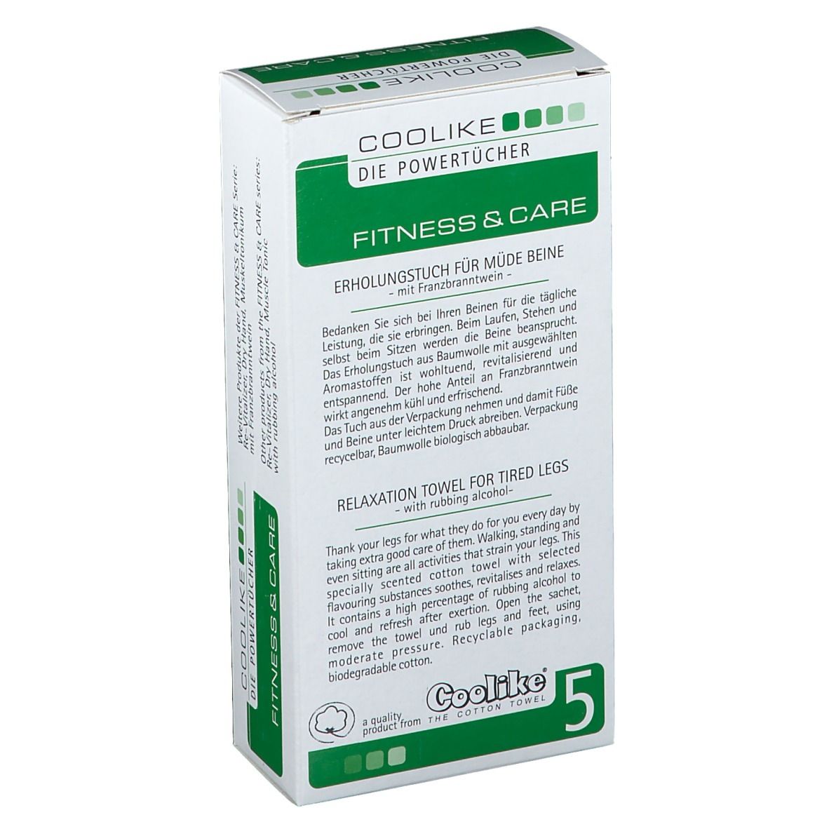 Boîte de lingettes Coolike Powertücher Fitness & Care pour jambes fatiguées à l'eau de vie de France.