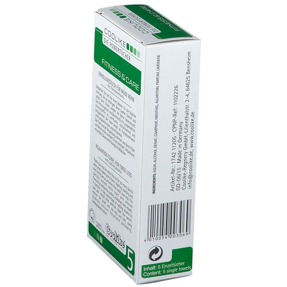 Boîte de 5 lingettes Coolike Power pour Fitness & Care, fabriquée en Allemagne.