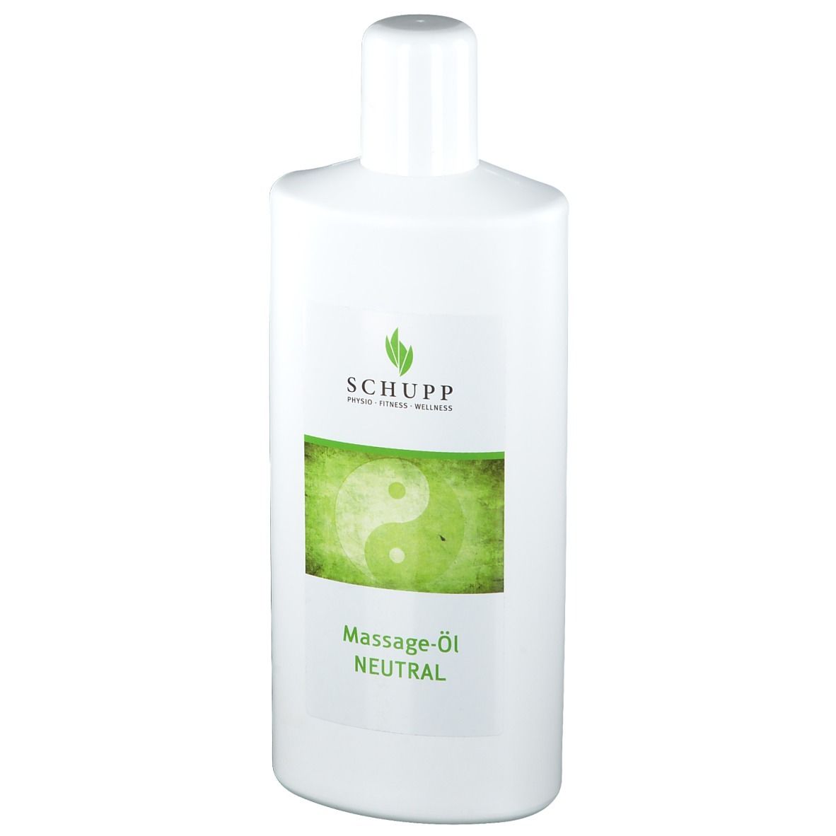 Witte fles met groen etiket. Opschrift: SCHUPP, Massage-Öl Neutral. Yin-Yang-symbool.