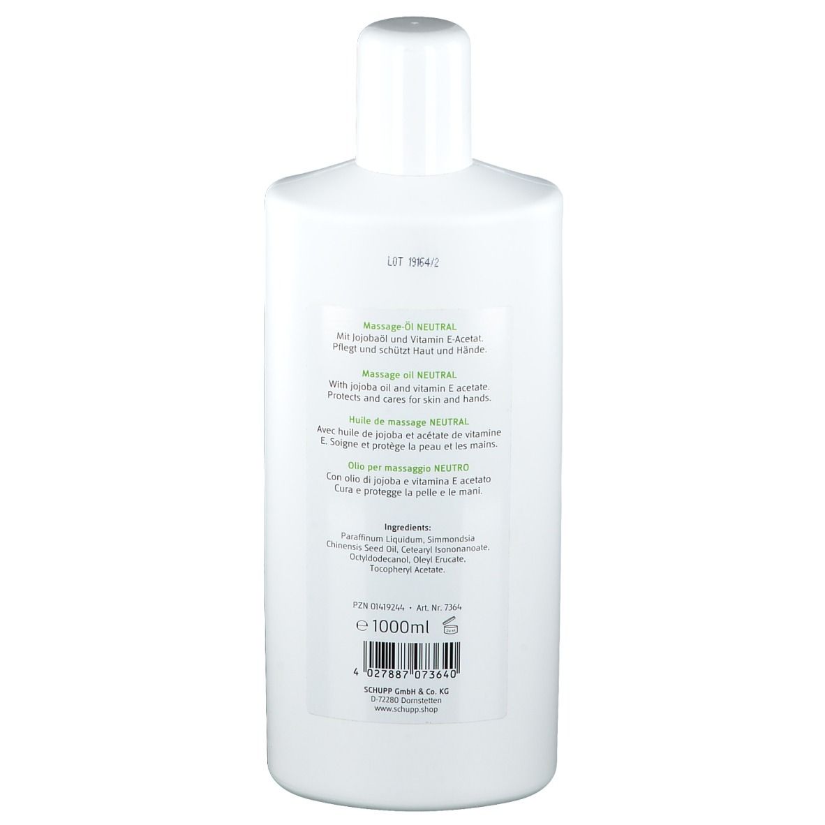 Witte fles, achterkant. Tekst op etiket: Massage-Öl Neutral, ingrediënten, 1000ml.