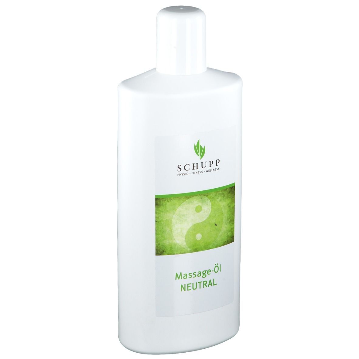 Witte fles met groen etiket. Opschrift: SCHUPP, Massage-Öl Neutral. Yin-Yang-symbool.