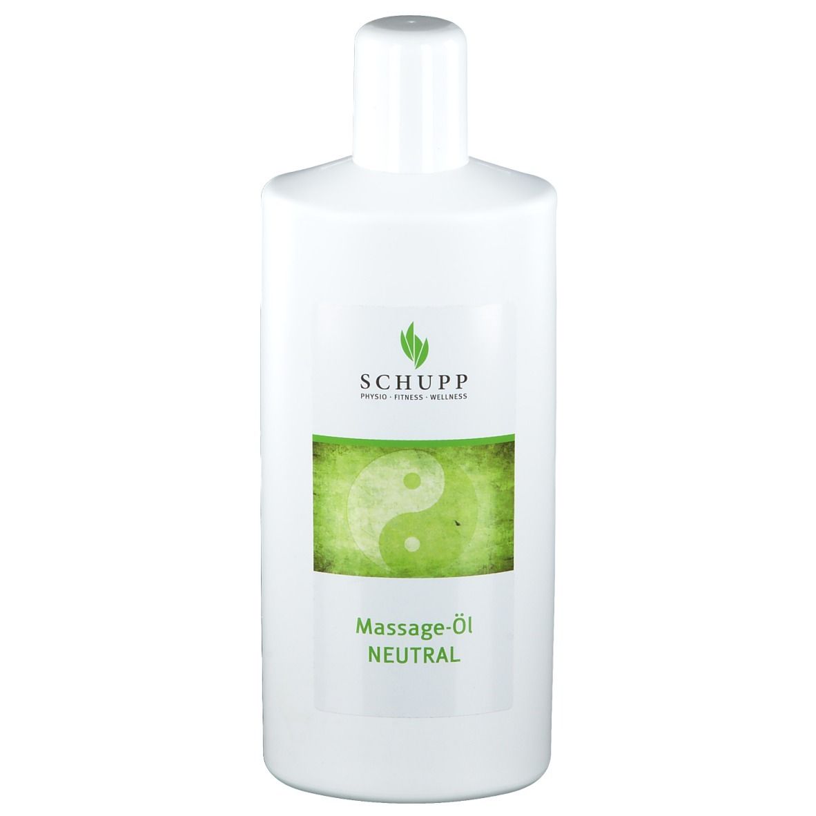 Witte fles met groen etiket. Opschrift: SCHUPP, Massage-Öl Neutral. Yin-Yang-symbool.