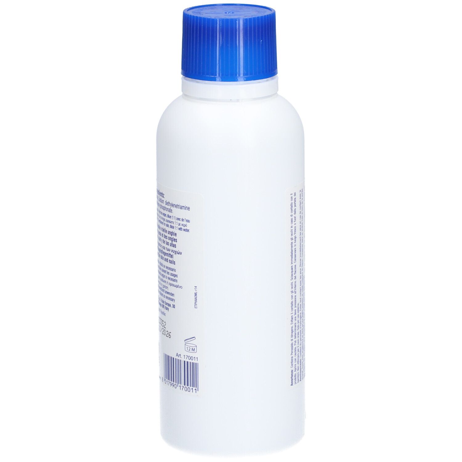 Witte fles met blauwe dop. Achterkant met tekst in meerdere talen. Streepjescode en batchnummer.