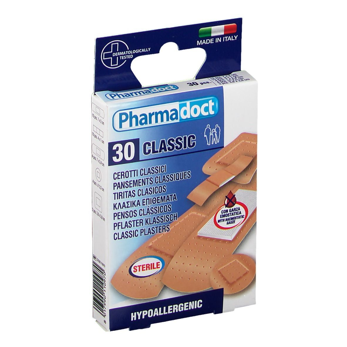 Verpakking pleisters PharmaDoct Classic, 30 stuks. Dermatologisch getest, steriel, hypoallergeen. Gemaakt in Italië.