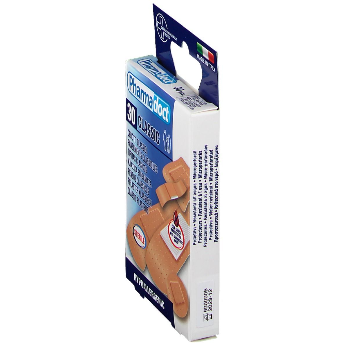 Zijaanzicht van de pleisterverpakking PharmaDoct Classic. 30 stuks. Met productafbeelding. Steriel, hypoallergeen. Gemaakt in Italië.