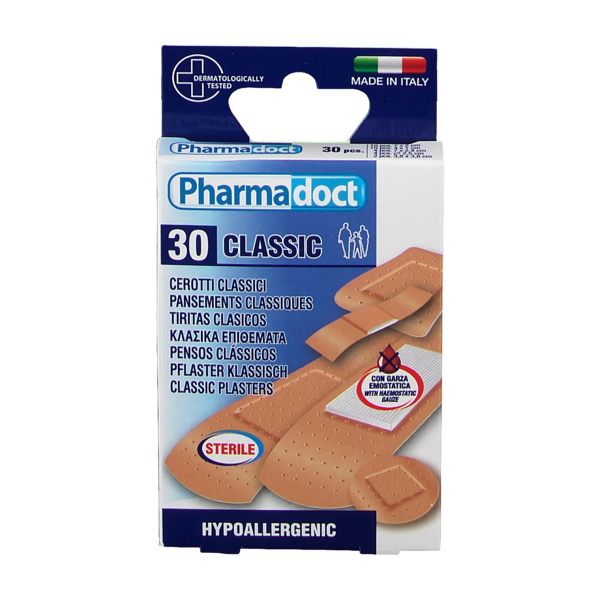 Vooraanzicht van de pleisterverpakking PharmaDoct Classic. 30 stuks. Merk, productnaam en kenmerken. Gemaakt in Italië.