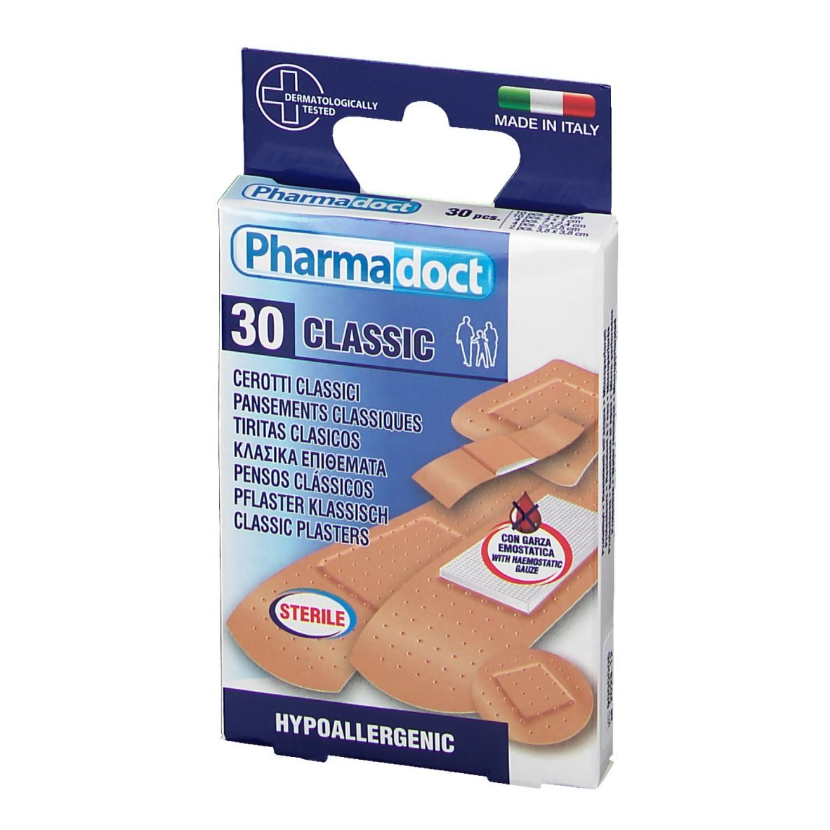 Vooraanzicht van de pleisterverpakking PharmaDoct Classic. 30 stuks. Merk, productnaam en kenmerken. Gemaakt in Italië.
