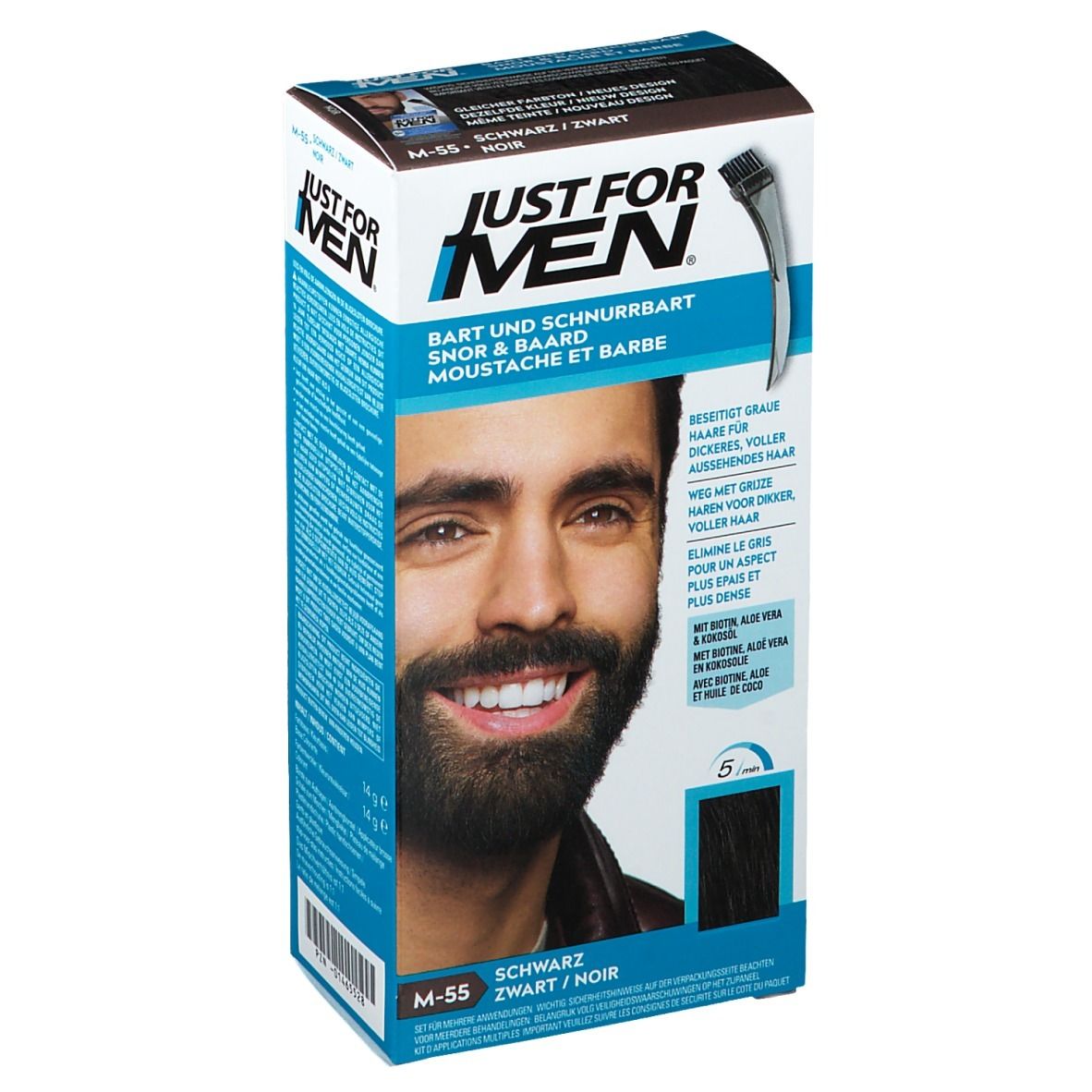 Boîte de produit noire avec image et logo. Texte: JUST FOR MEN, Barbe et moustache.