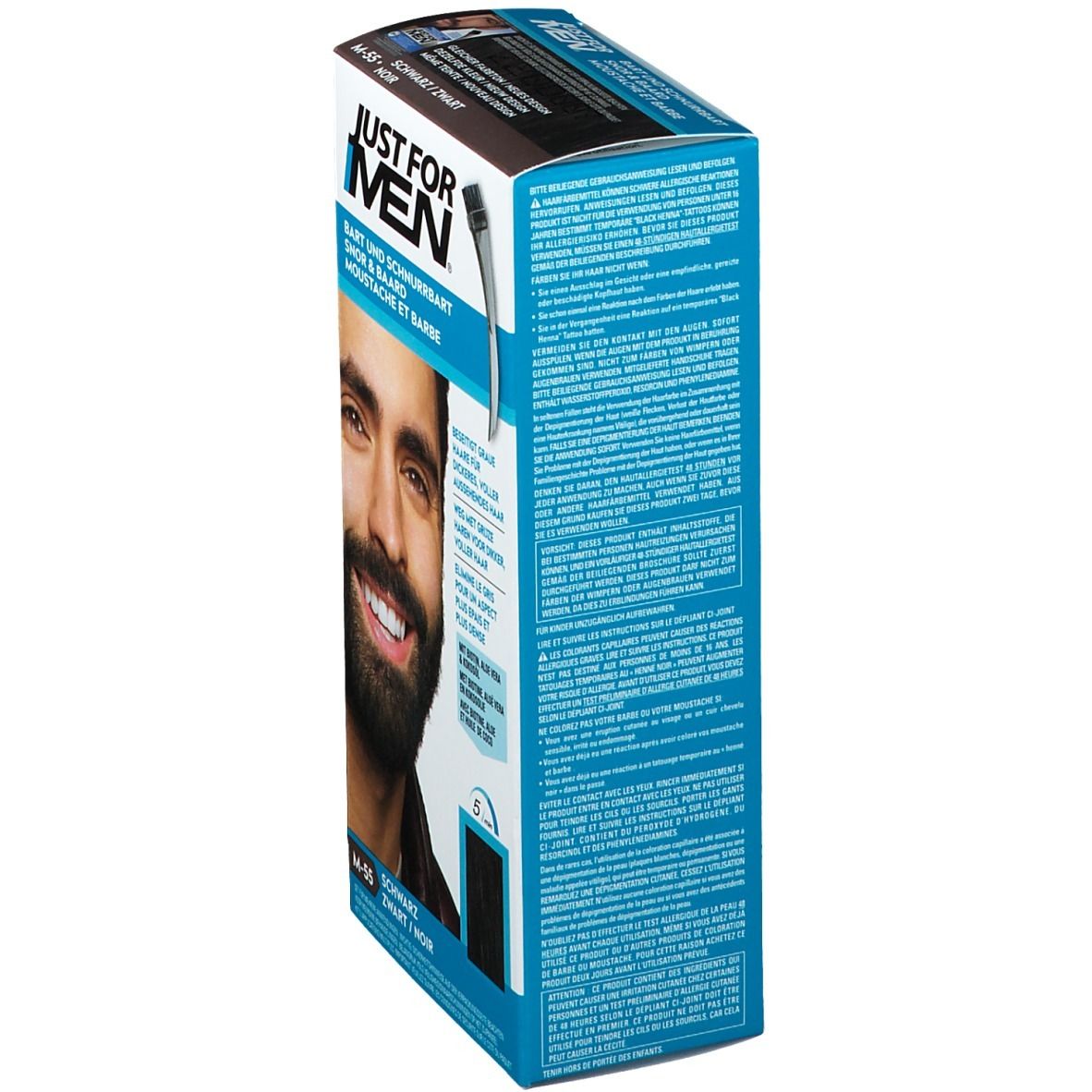 Vue latérale de l'emballage du produit. Texte: JUST FOR MEN, Barbe et moustache. Éléments bleus et blancs.