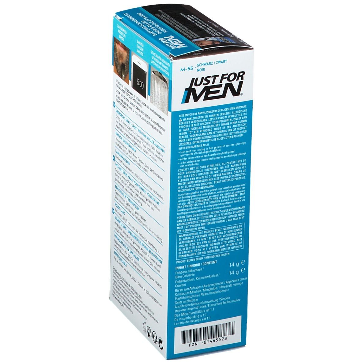 Vue latérale de l'emballage du produit. Texte: JUST FOR MEN, Barbe et moustache. Contient des informations.