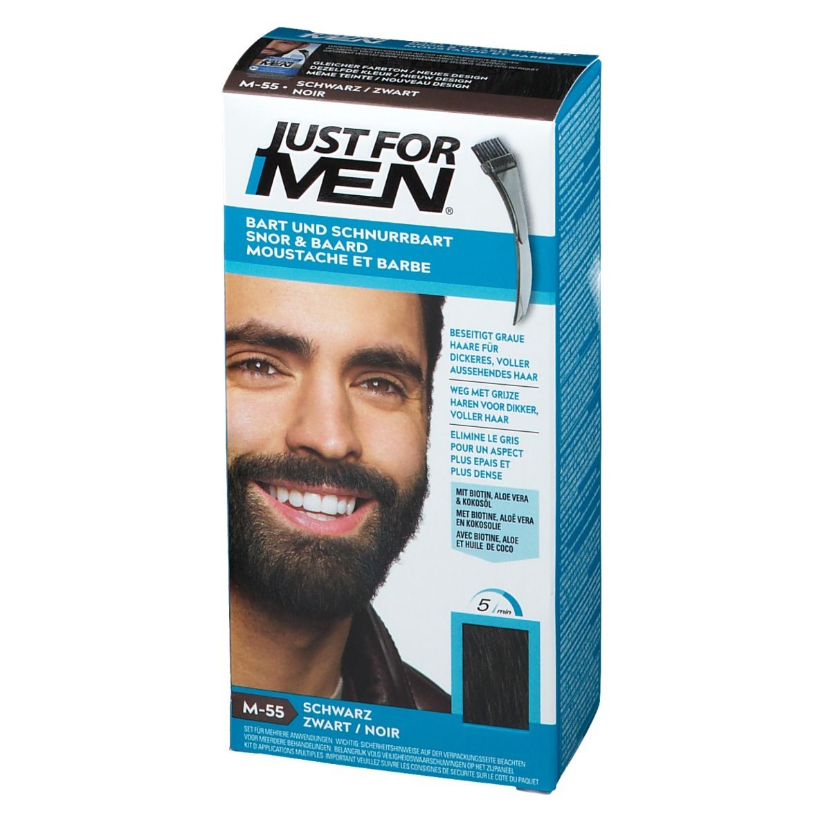 Emballage du produit avec image et logo. Texte: JUST FOR MEN, Barbe et moustache. Couleur noire.