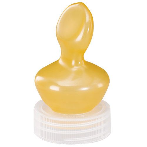 Tétine en latex jaune avec bague à vis blanche. Forme ovale avec pointe arrondie.