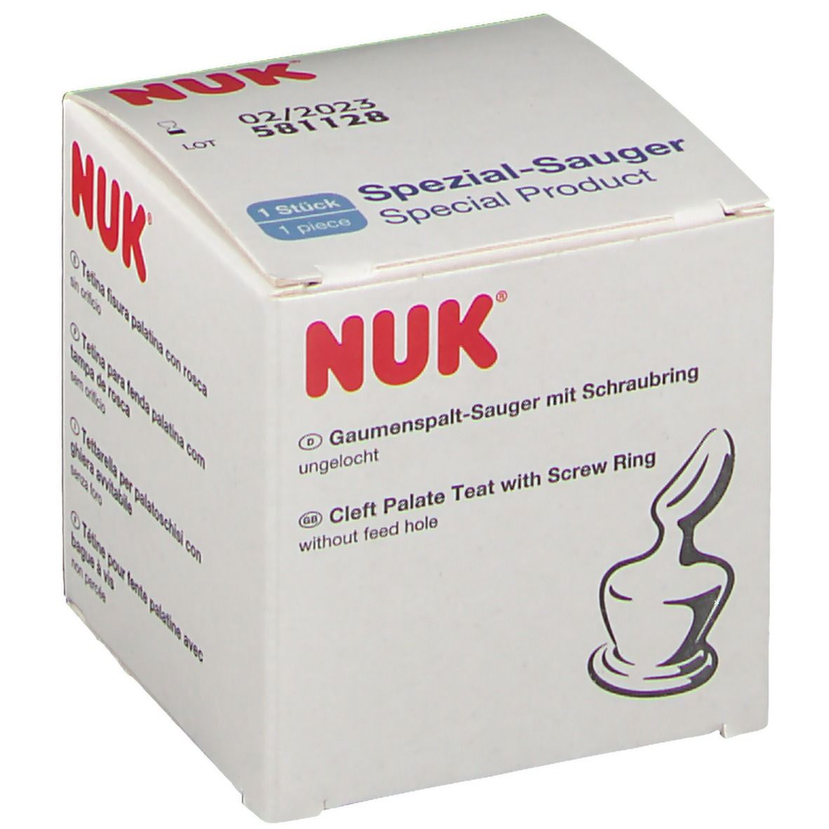 Emballage avec logo NUK. Texte : Spezial-Sauger, Tétine pour fente palatine avec bague à vis, non percée.