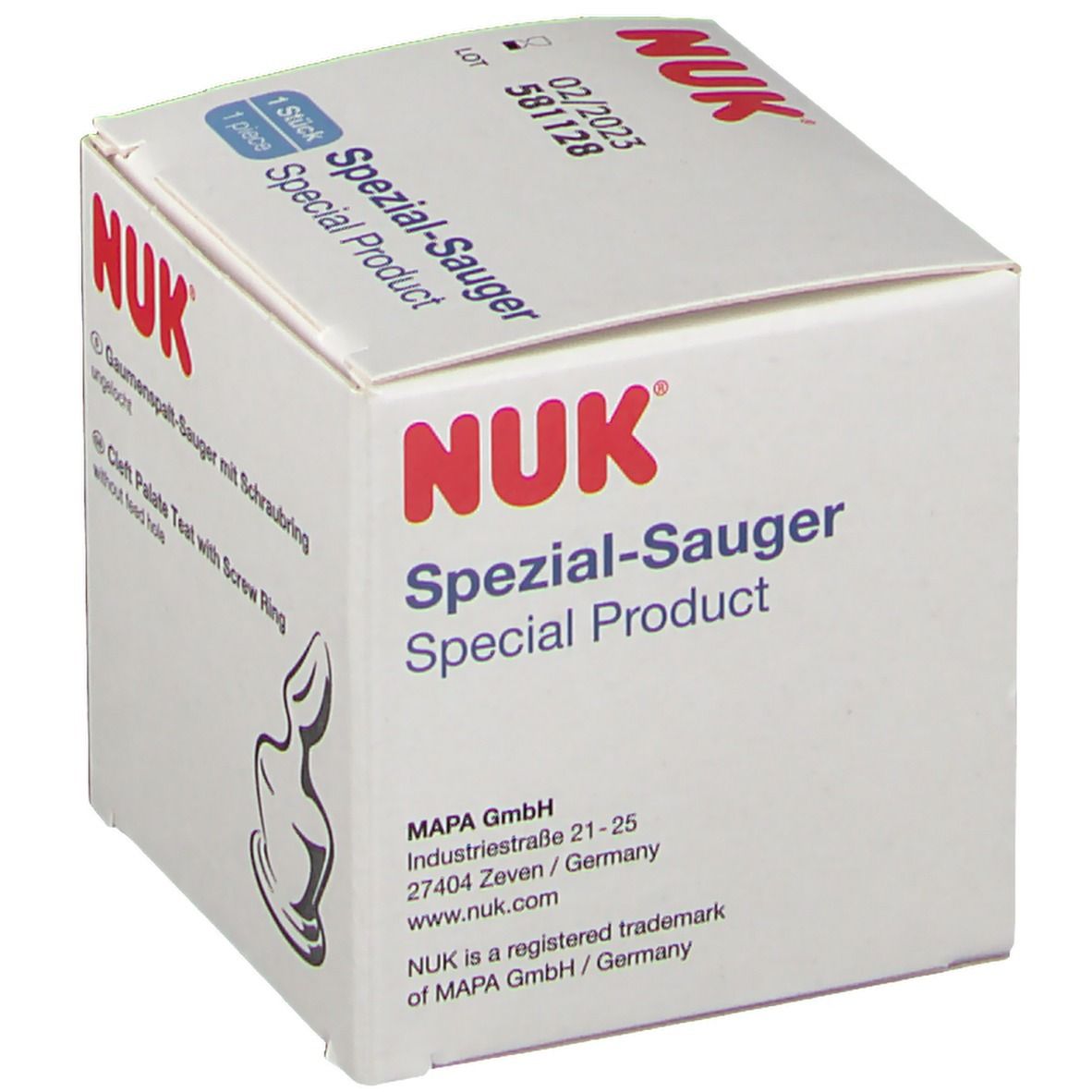 Emballage avec logo NUK. Texte : Spezial-Sauger, Tétine pour fente palatine avec bague à vis, non percée. Adresse du fabricant.