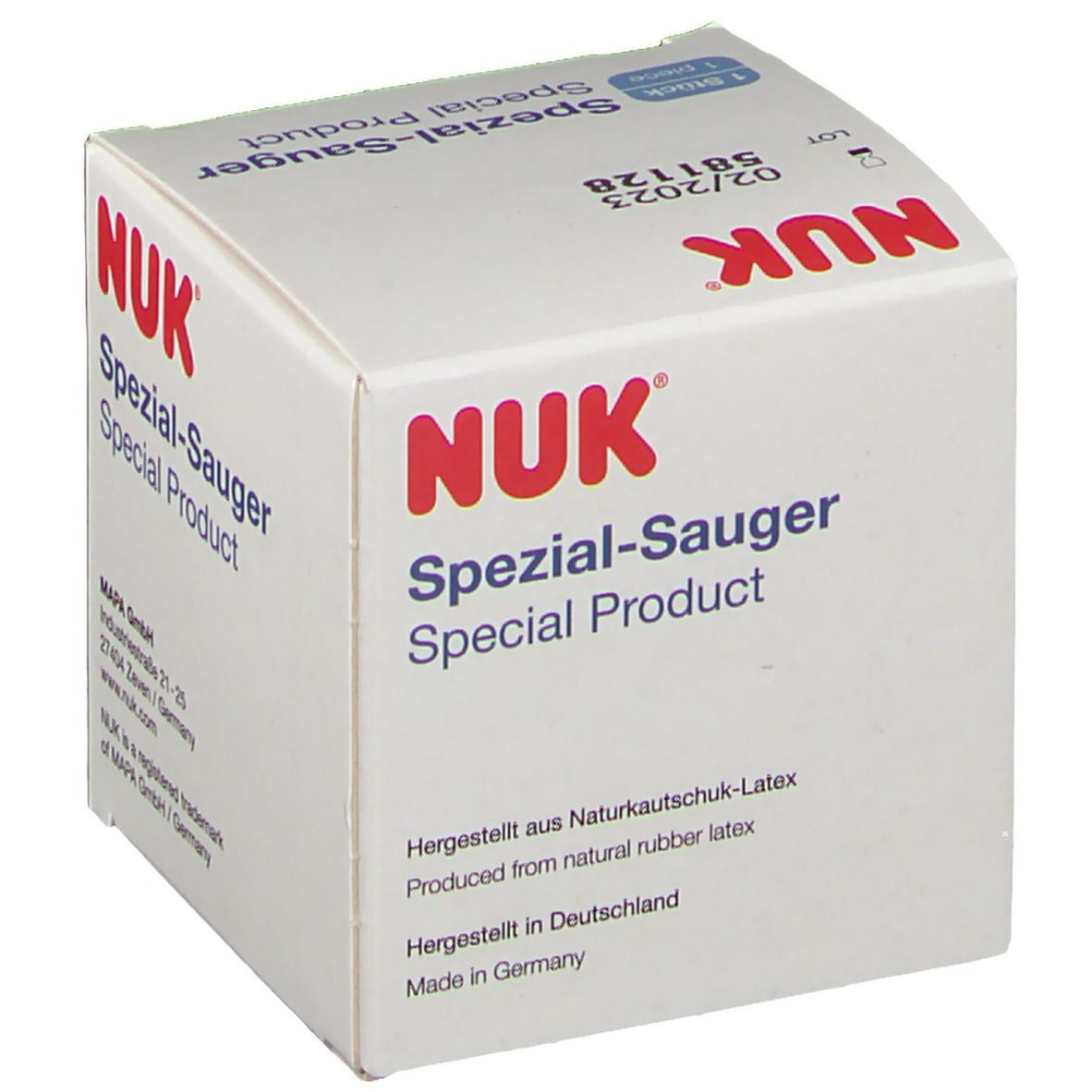 Emballage avec logo NUK. Texte : Spezial-Sauger. Fabriqué en latex de caoutchouc naturel. Fabriqué en Allemagne.