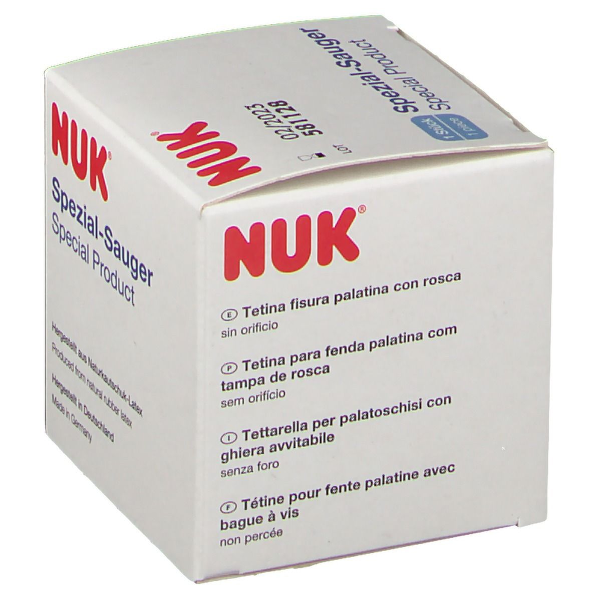 Emballage avec logo NUK. Texte : Spezial-Sauger. Tétine pour fente palatine avec bague à vis, non percée.