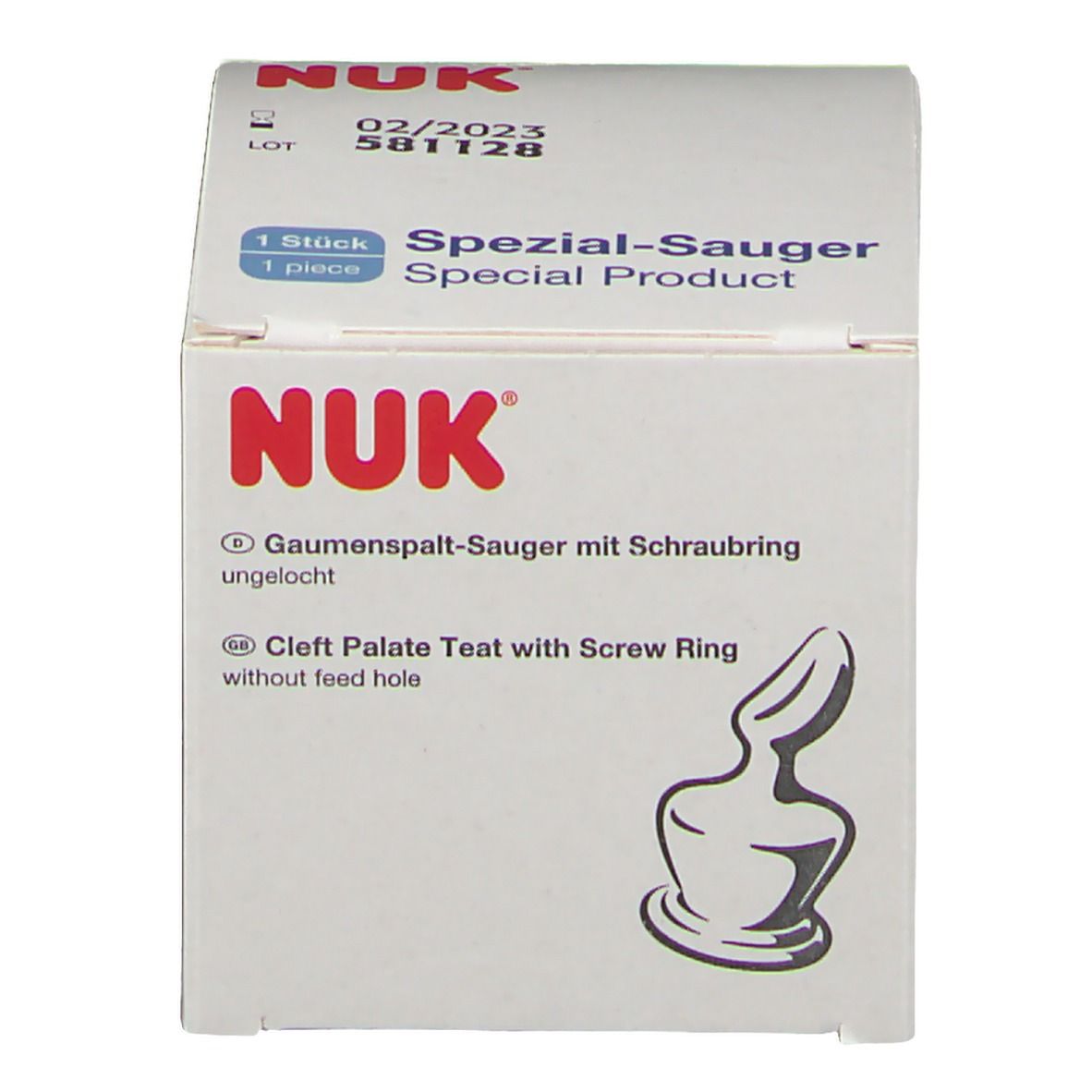 Emballage avec logo NUK. Texte : Spezial-Sauger, Tétine pour fente palatine avec bague à vis, non percée. 1 pièce.