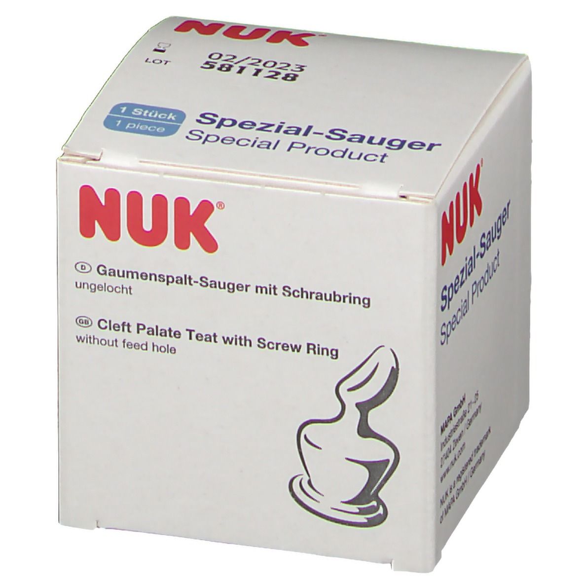 Emballage avec logo NUK. Texte : Spezial-Sauger, Tétine pour fente palatine avec bague à vis, non percée. 1 pièce.