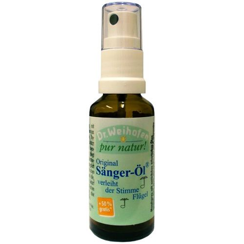 Bruine glazen fles met verstuiver. Opschrift: Original Sänger-Öl, Dr. Weihofen pur natur. Groen-wit etiket.