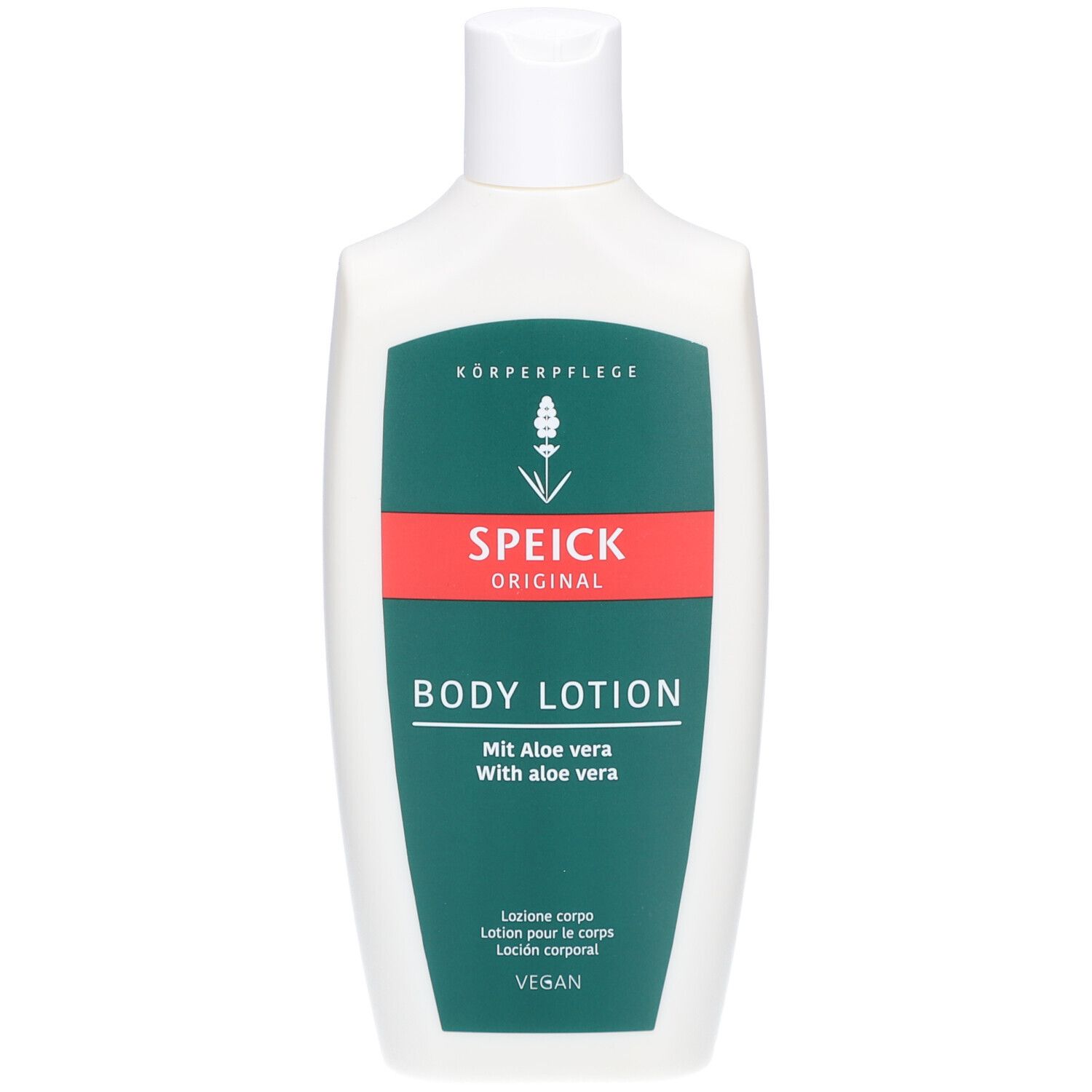 Flacon blanc de lotion pour le corps SPEICK. Étiquette verte avec bande rouge et texte. "BODY LOTION" et "Mit Aloe vera" en dessous.