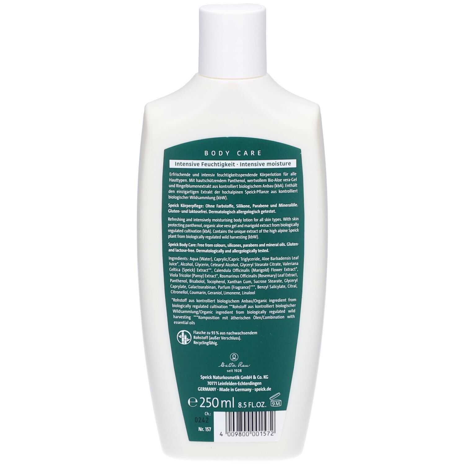 Dos du flacon de lotion pour le corps SPEICK. Étiquette verte avec texte. Contient des informations sur les ingrédients et le fabricant. 250 ml.