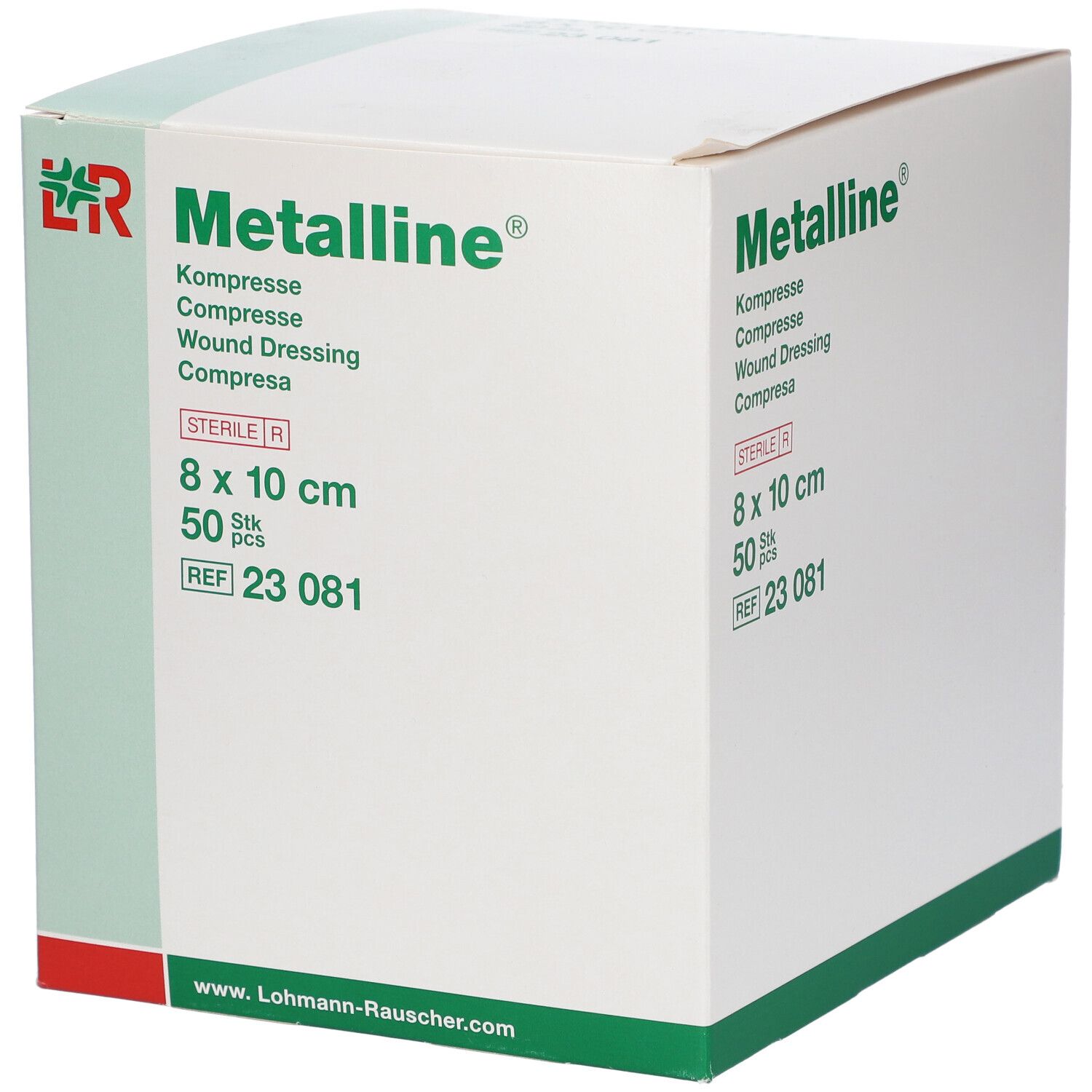 Compresse Metalline, 8 x 10 cm, stérile, 50 pièces. Emballage avec logo et informations.