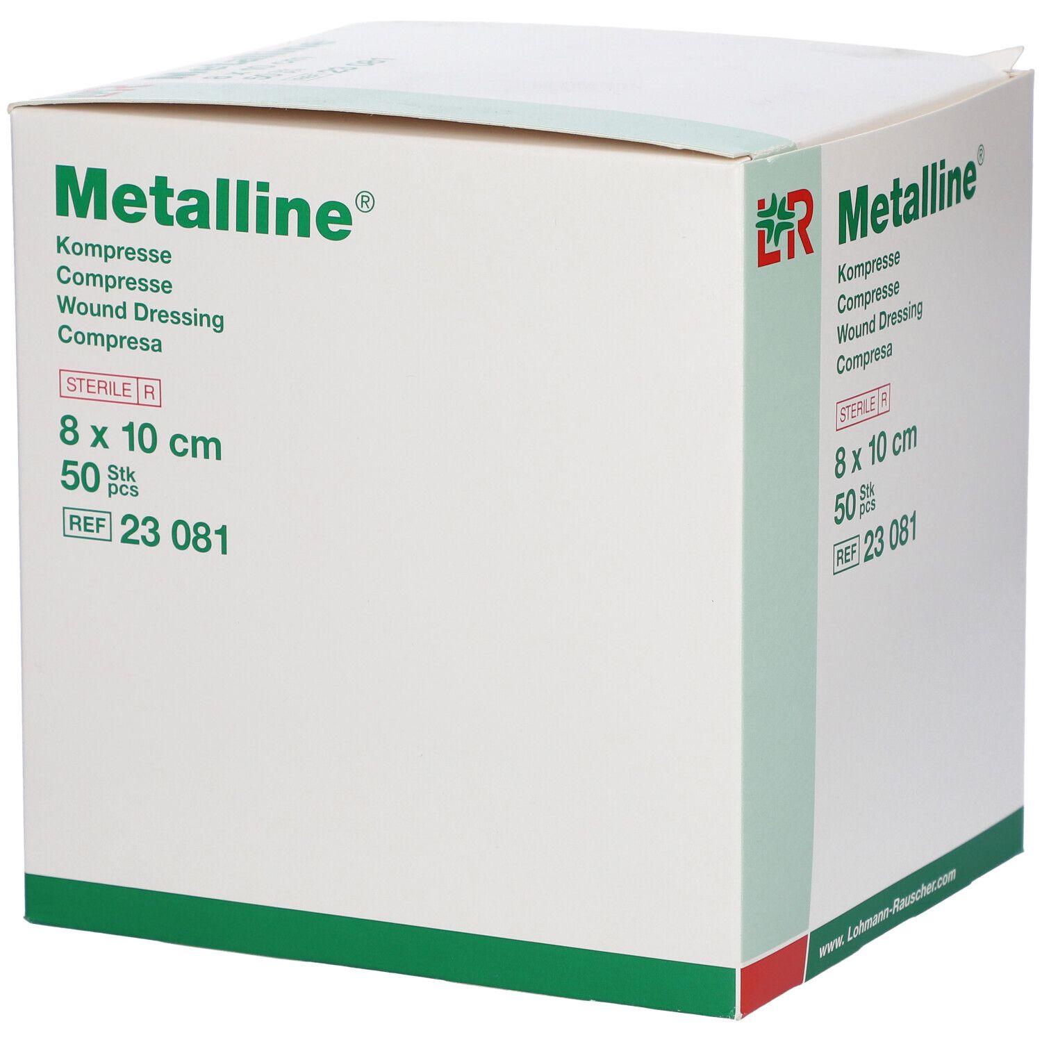 Compresse Metalline, 8 x 10 cm, stérile, 50 pièces. Emballage avec logo et informations.
