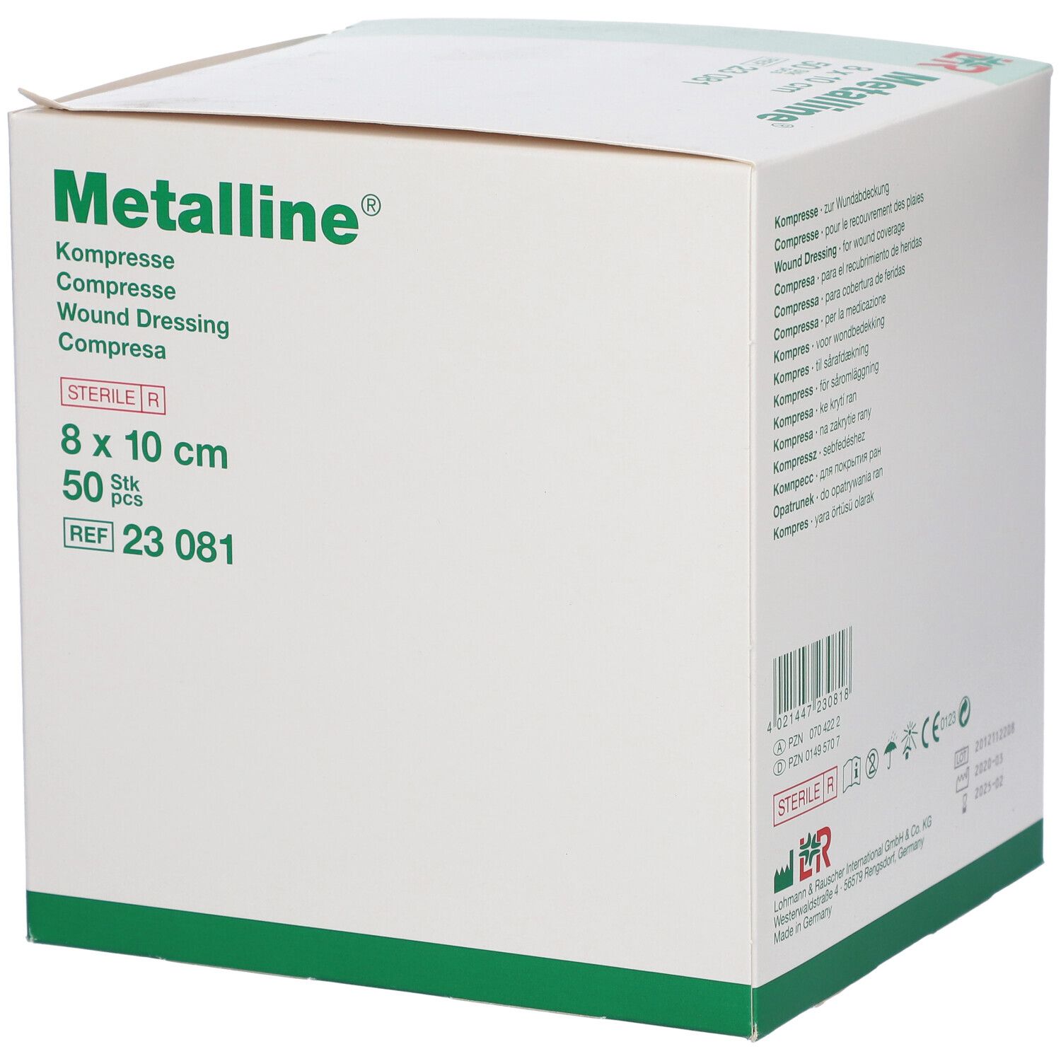 Compresse Metalline, 8 x 10 cm, stérile, 50 pièces. Emballage avec logo et informations.