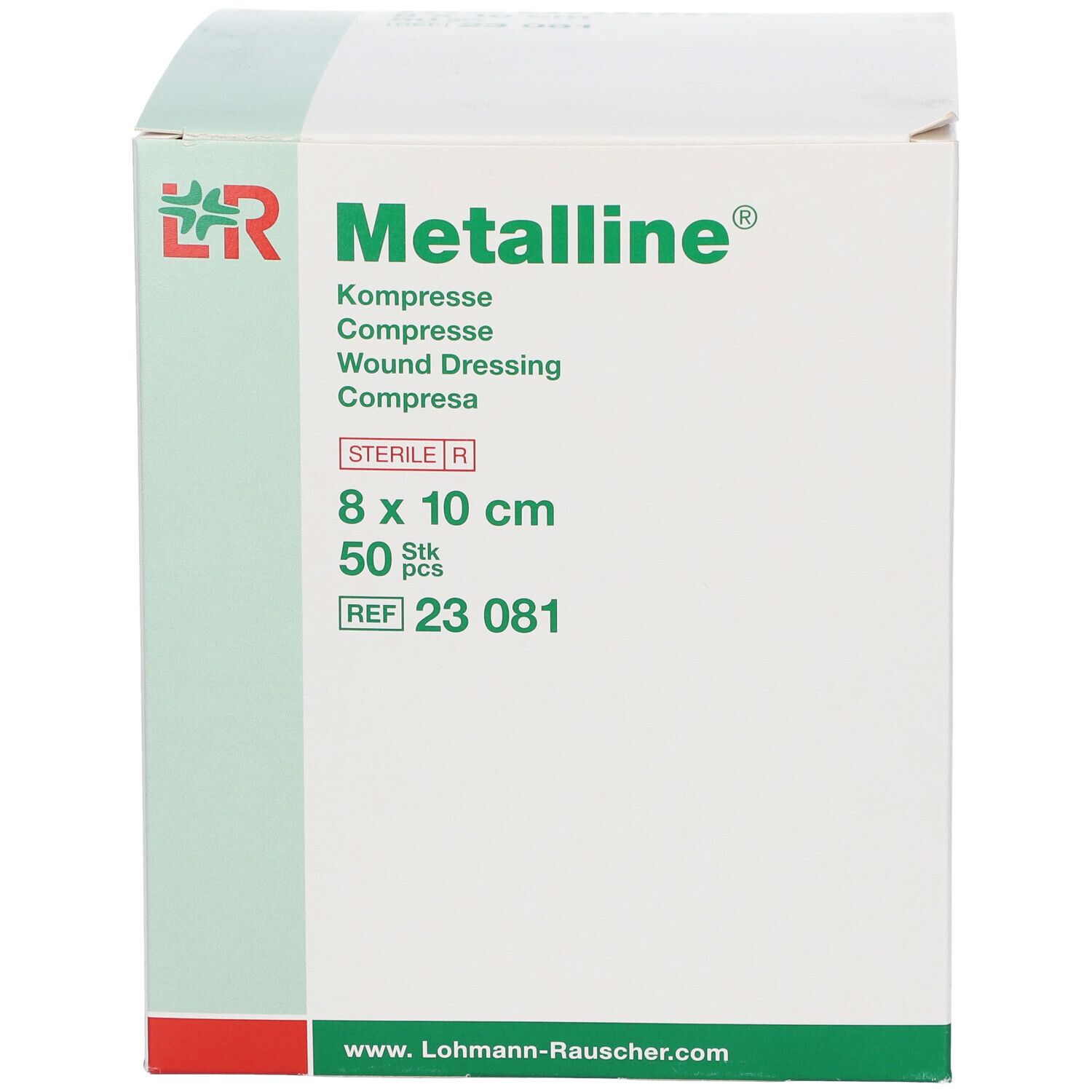 Compresse Metalline, 8 x 10 cm, stérile, 50 pièces. Emballage avec logo et informations.