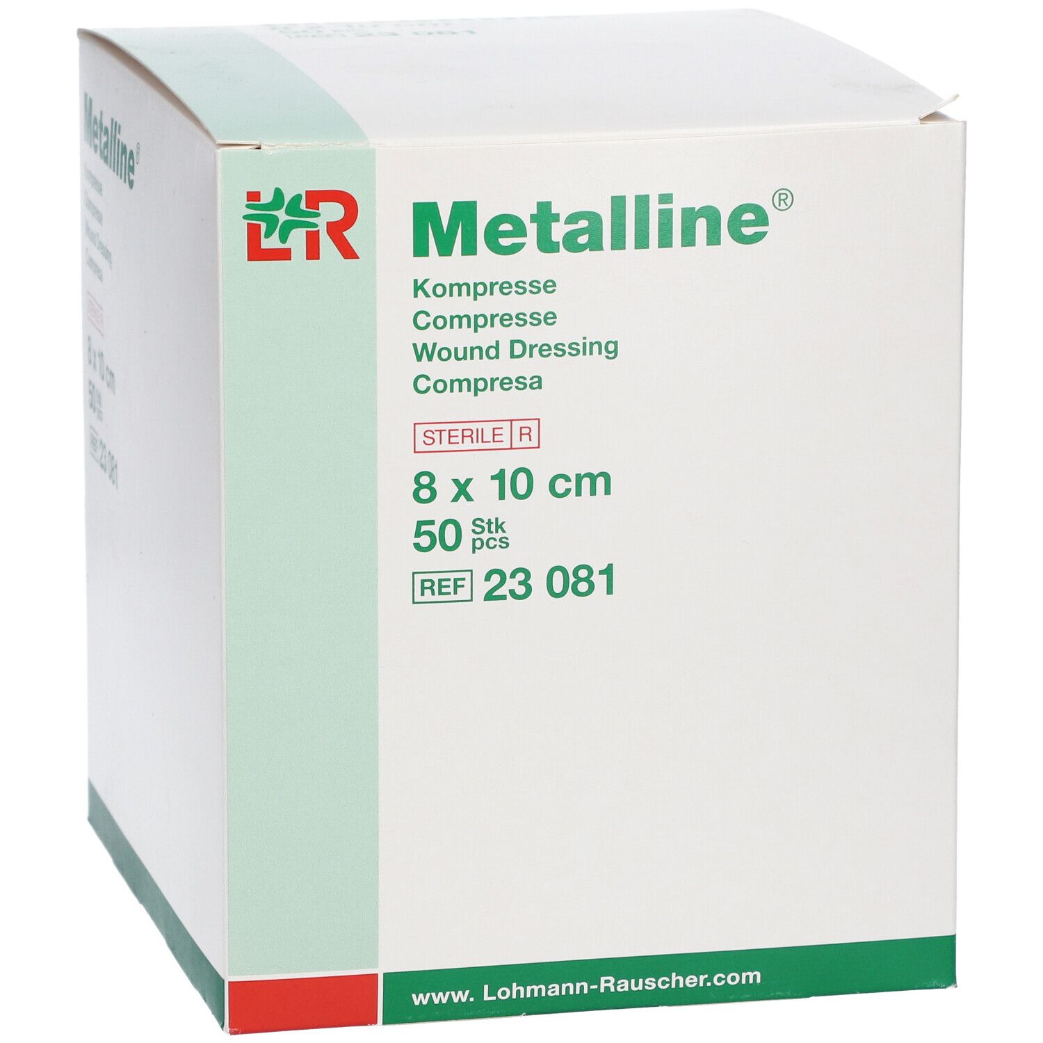 Compresse Metalline, 8 x 10 cm, stérile, 50 pièces. Emballage avec logo et informations.