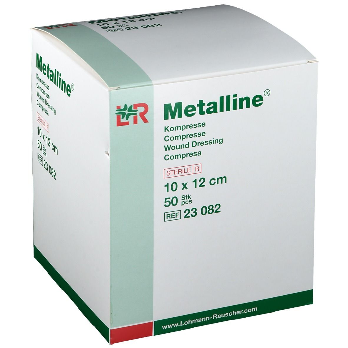 Verpakking van Metalline® kompres. 10 x 12 cm, steriel. 50 stuks. Merk en productinfo duidelijk zichtbaar.