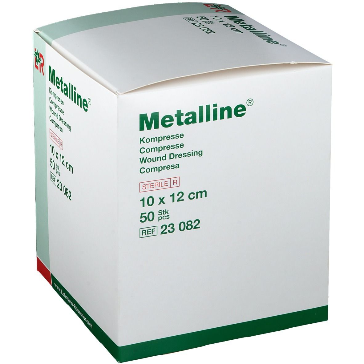 Verpakking van Metalline® kompres. 10 x 12 cm, steriel. 50 stuks. Merk en productinfo duidelijk zichtbaar.