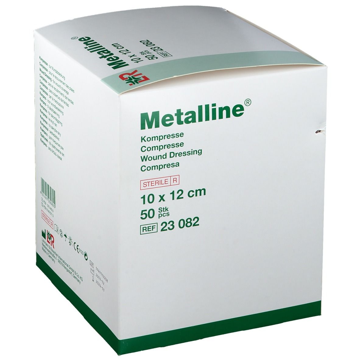 Verpakking van Metalline® kompres. 10 x 12 cm, steriel. 50 stuks. Merk en productinfo duidelijk zichtbaar.