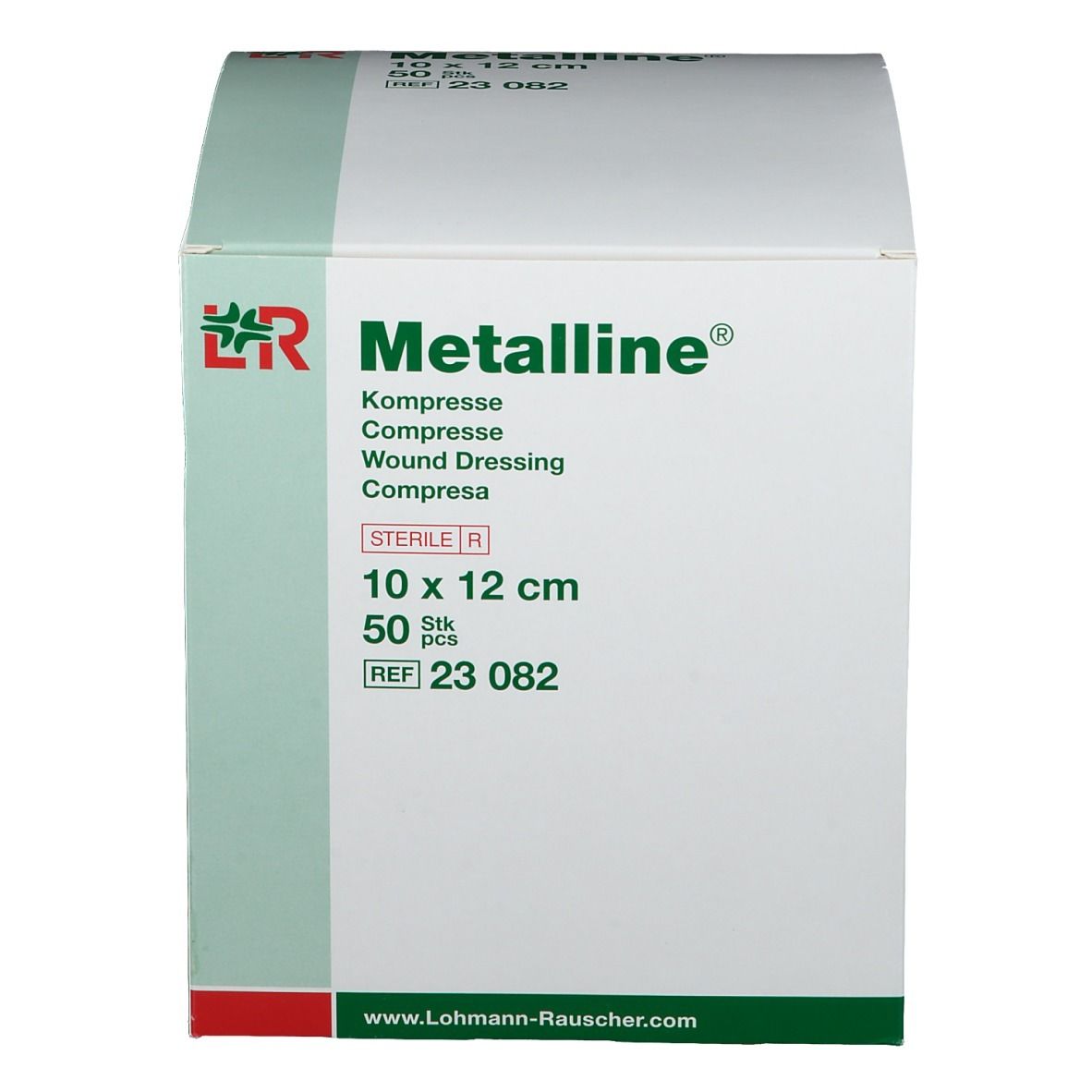 Verpakking van Metalline® kompres. 10 x 12 cm, steriel. 50 stuks. Merk en productinfo duidelijk zichtbaar.