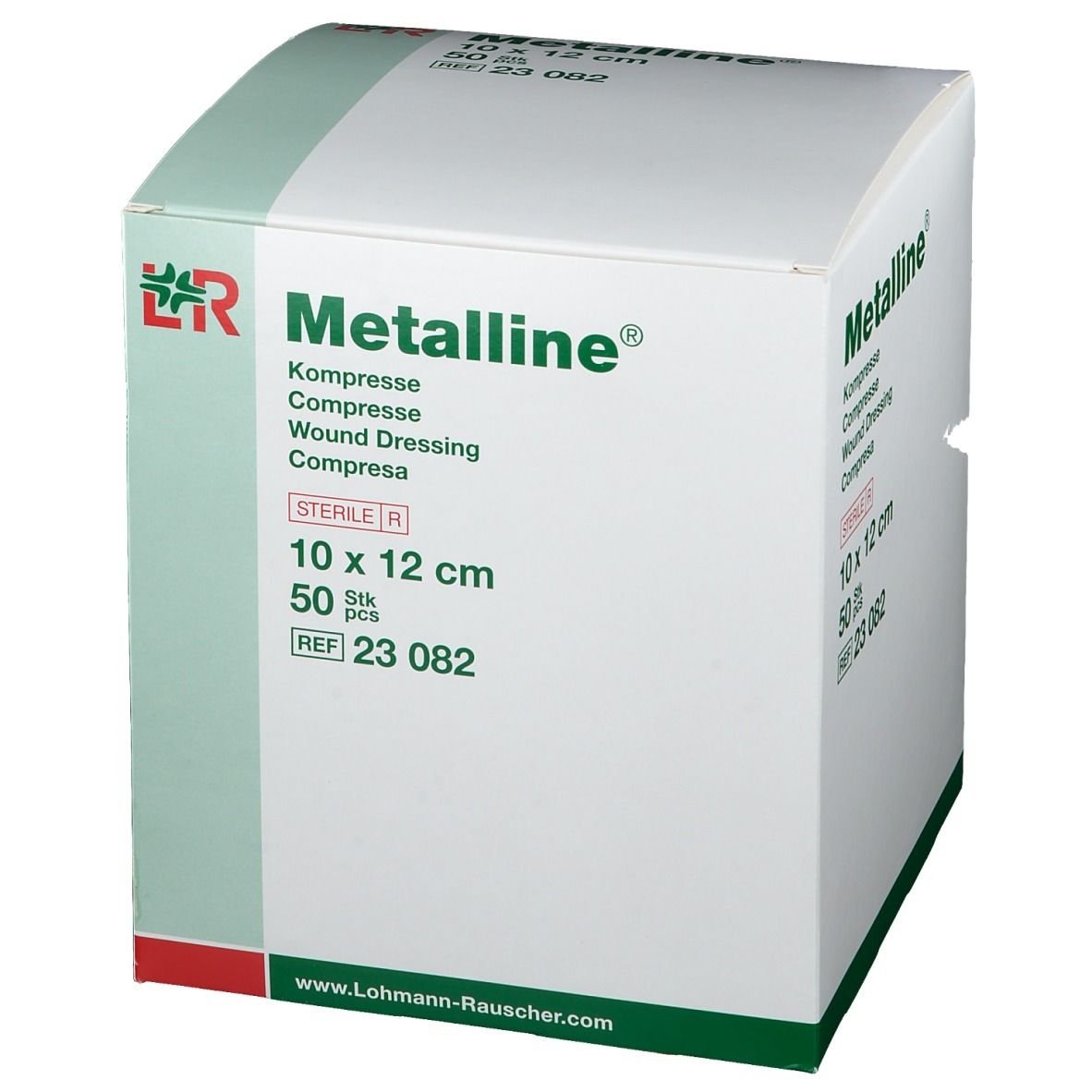 Verpakking van Metalline® kompres. 10 x 12 cm, steriel. 50 stuks. Merk en productinfo duidelijk zichtbaar.
