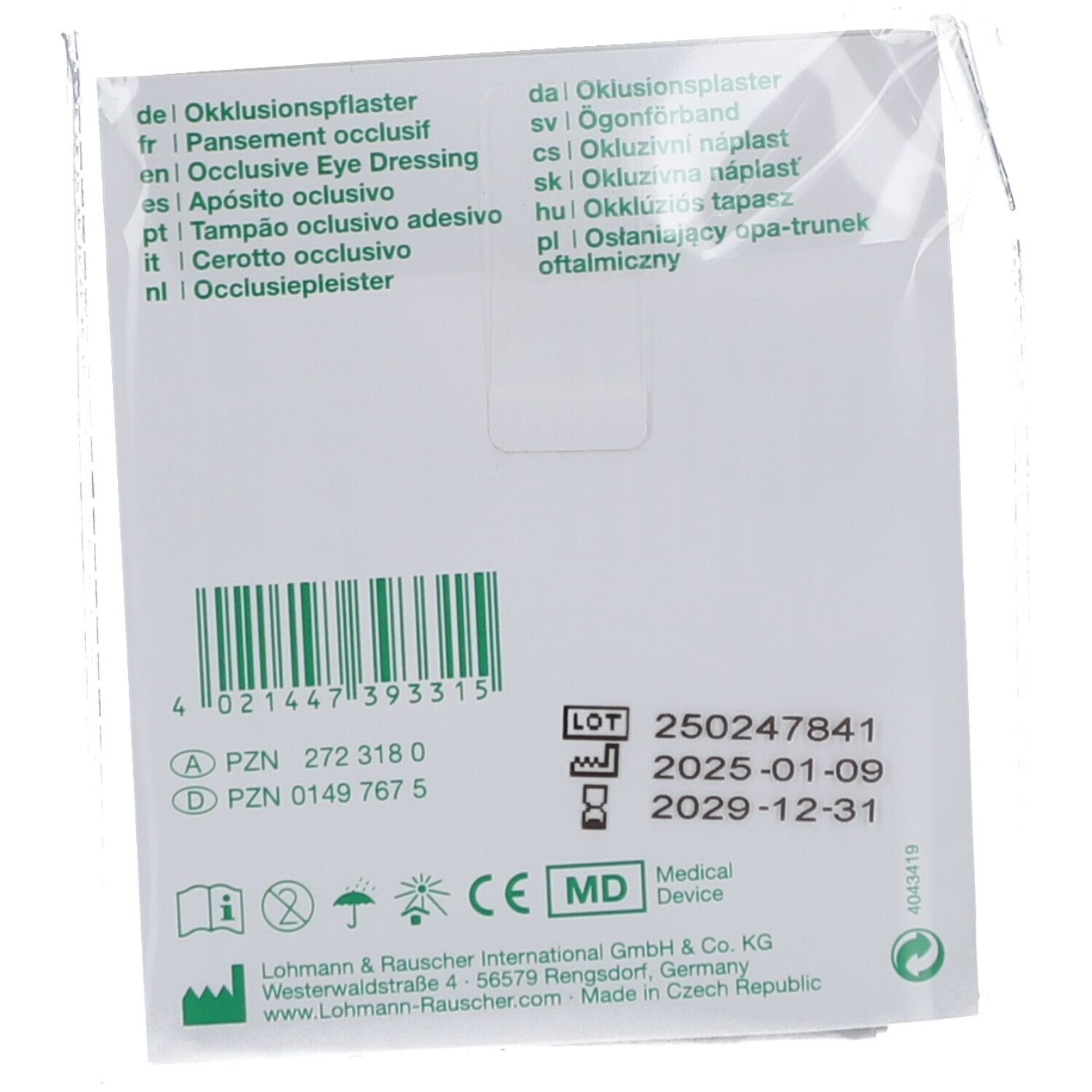 Arrière de l'emballage Pro-ophta Junior Mini pansement occlusif.