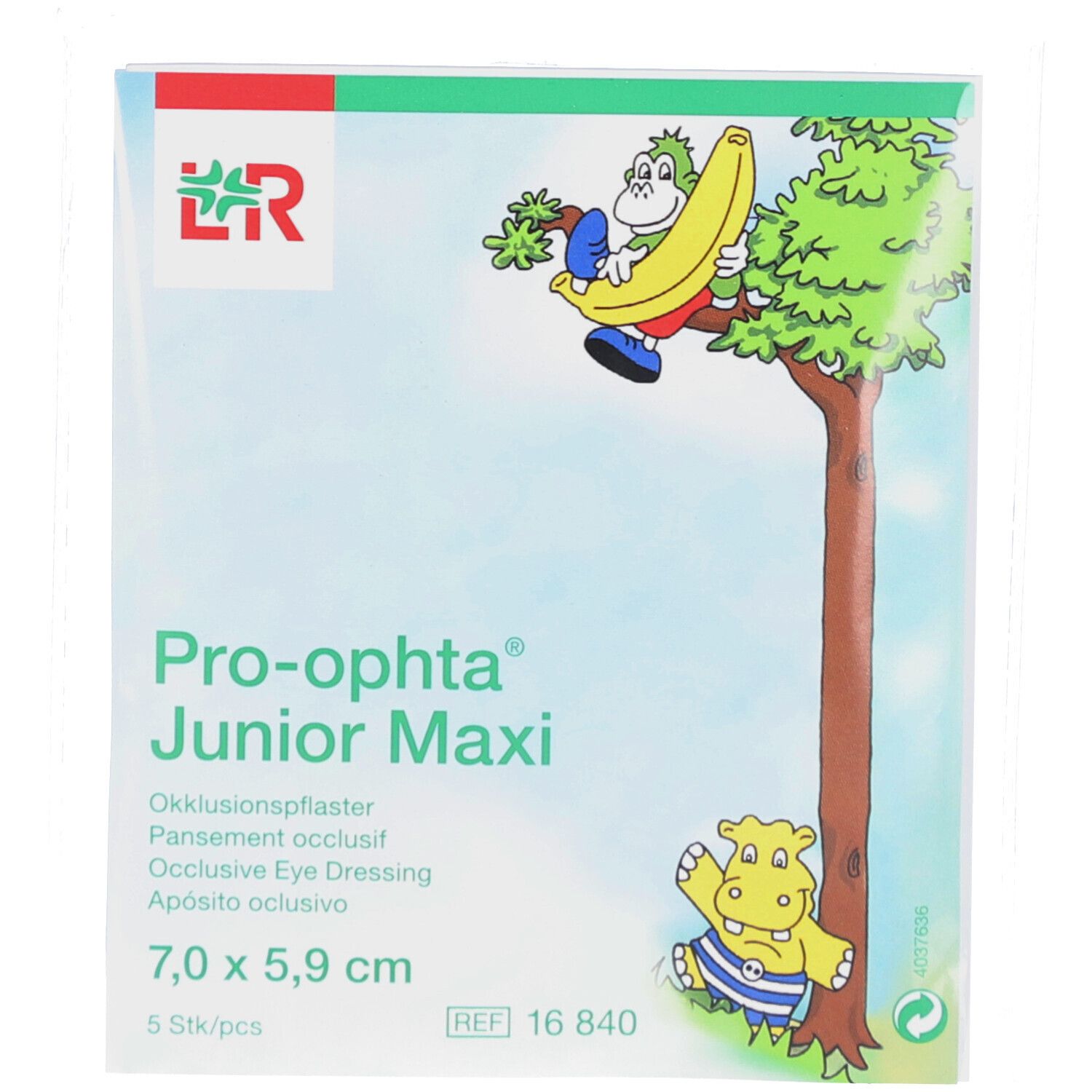 Verpakking met Pro-ophta Junior Maxi occlusieverband. Groen-wit ontwerp met illustraties. Afmetingen: 7,0 x 5,9 cm, 5 stuks.