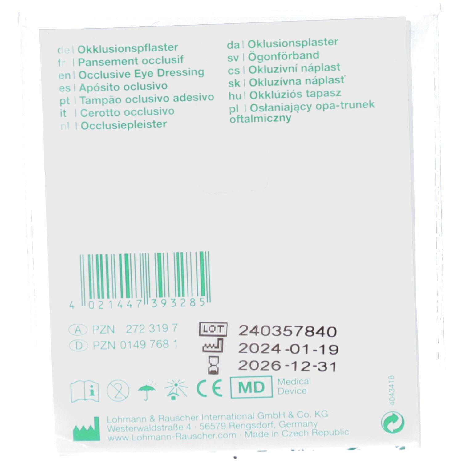 Achterkant van de verpakking met productinformatie. Bevat lotnummer, vervaldatum en CE-markering.