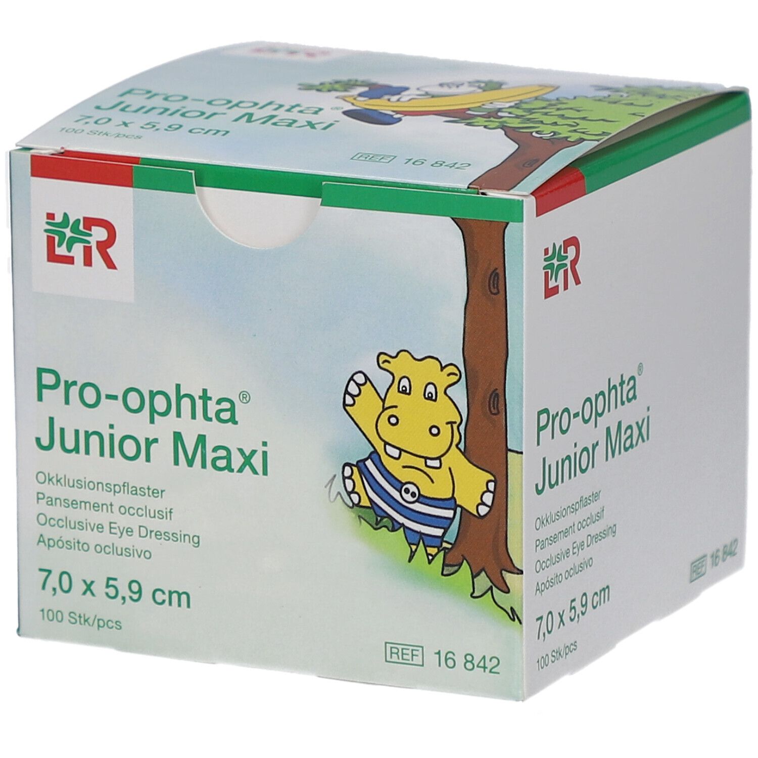 Boîte de Pro-optha Junior Maxi. Inscription : Pansement occlusif, 7,0 x 5,9 cm, 100 pièces. Illustration d'un hippopotame.