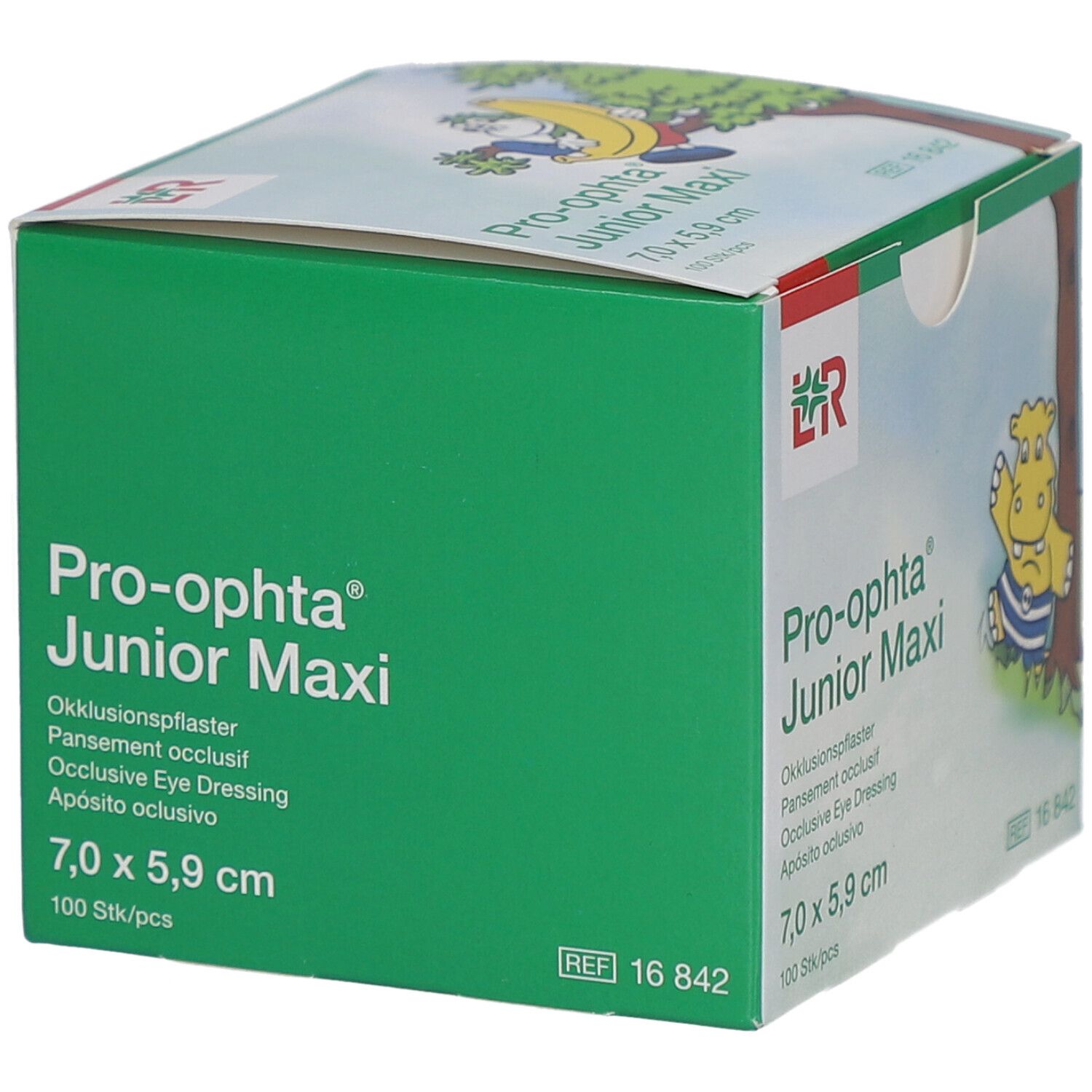 Emballage en carton vert de Pro-optha Junior Maxi. Inscription : Pansement occlusif, 7,0 x 5,9 cm, 100 pièces.