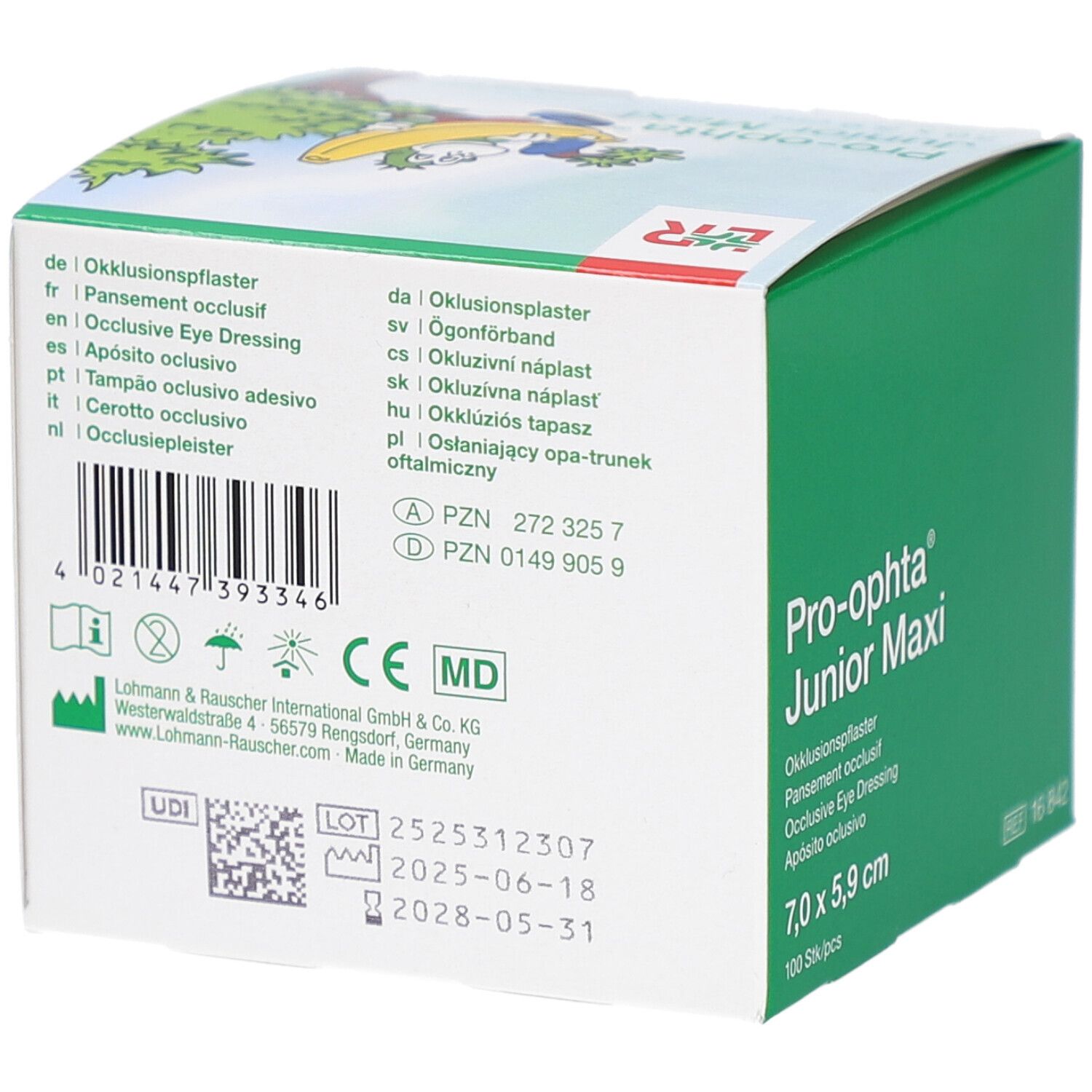 Dos de l'emballage Pro-optha Junior Maxi. Texte multilingue, marquage CE, code-barres, numéro de lot et adresse du fabricant.