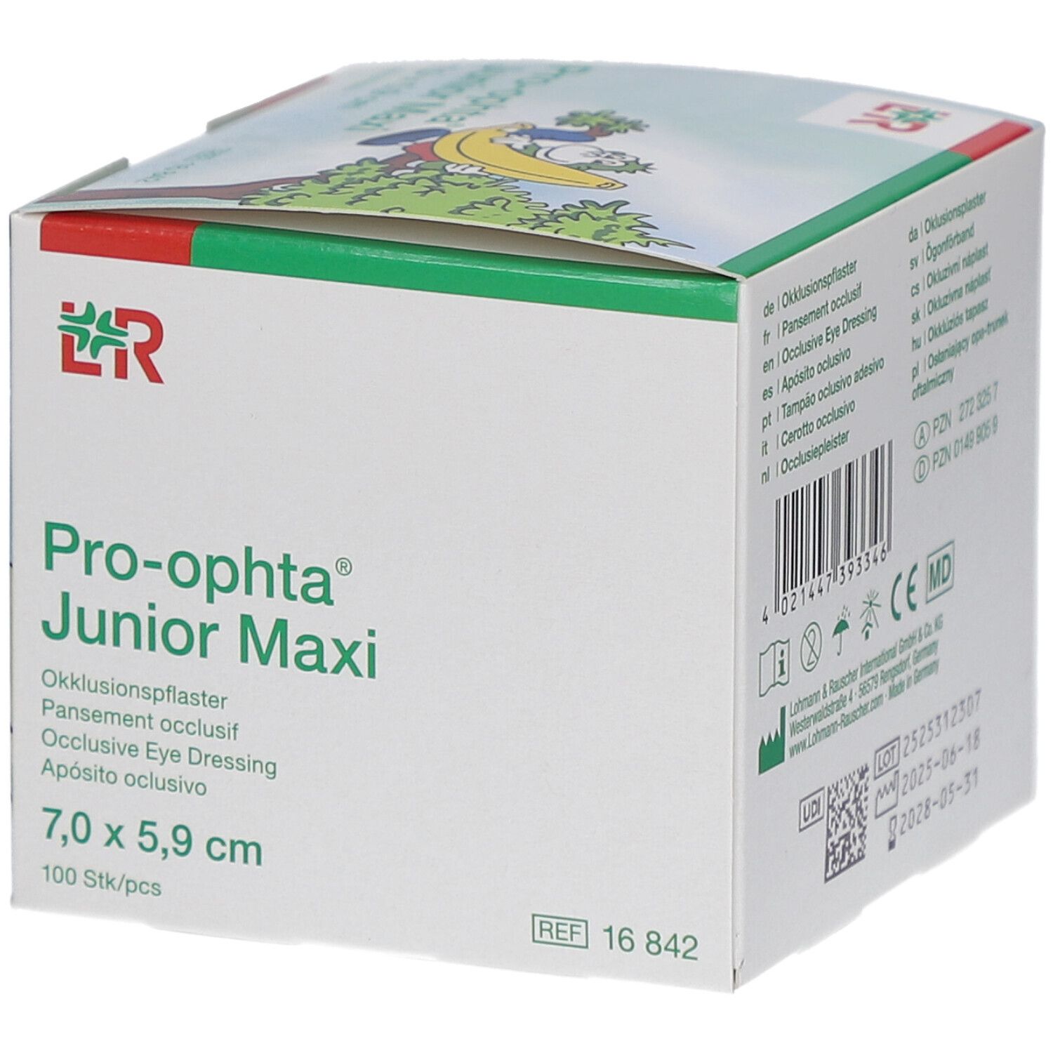 Boîte de Pro-optha Junior Maxi. Inscription : Pansement occlusif, 7,0 x 5,9 cm, 100 pièces. Illustration d'une banane.