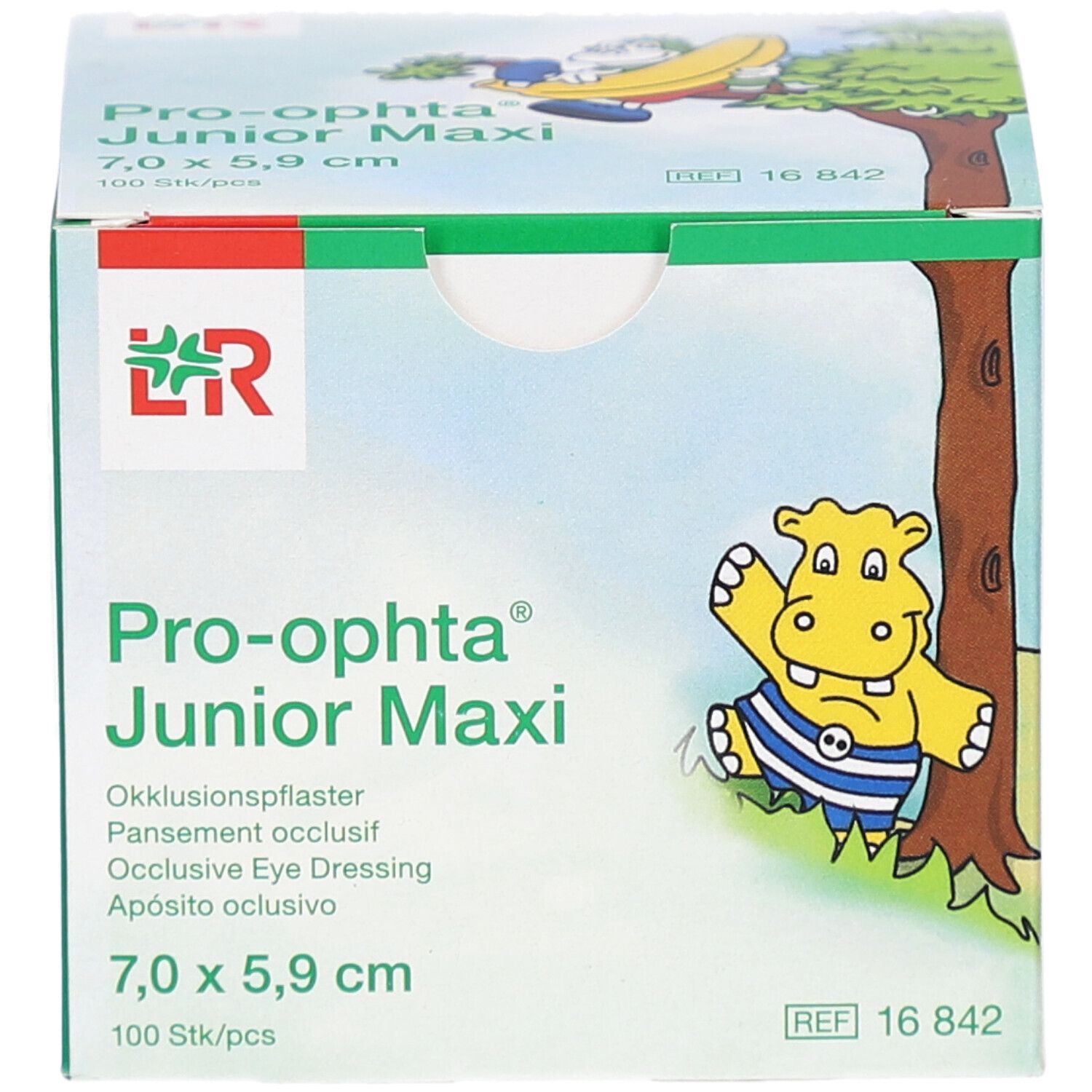 Boîte de Pro-optha Junior Maxi. Inscription : Pansement occlusif, 7,0 x 5,9 cm, 100 pièces. Illustration d'un hippopotame.