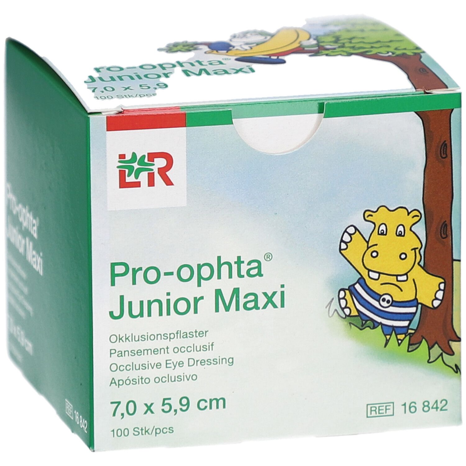 Boîte de Pro-optha Junior Maxi. Inscription : Pansement occlusif, 7,0 x 5,9 cm, 100 pièces. Illustration d'un hippopotame.