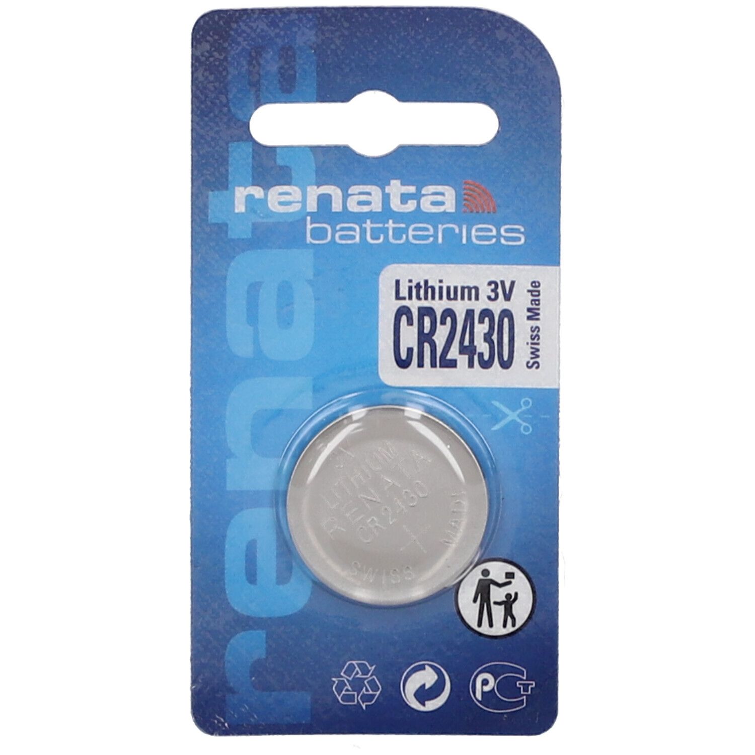 Lithium knoopcel CR2430 in blisterverpakking. Merk Renata. Ronde, zilverkleurige batterij. Swiss Made.