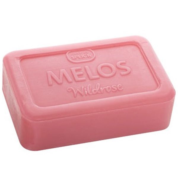 Savon rose avec inscription en relief MELOS Wildrose. Forme rectangulaire.