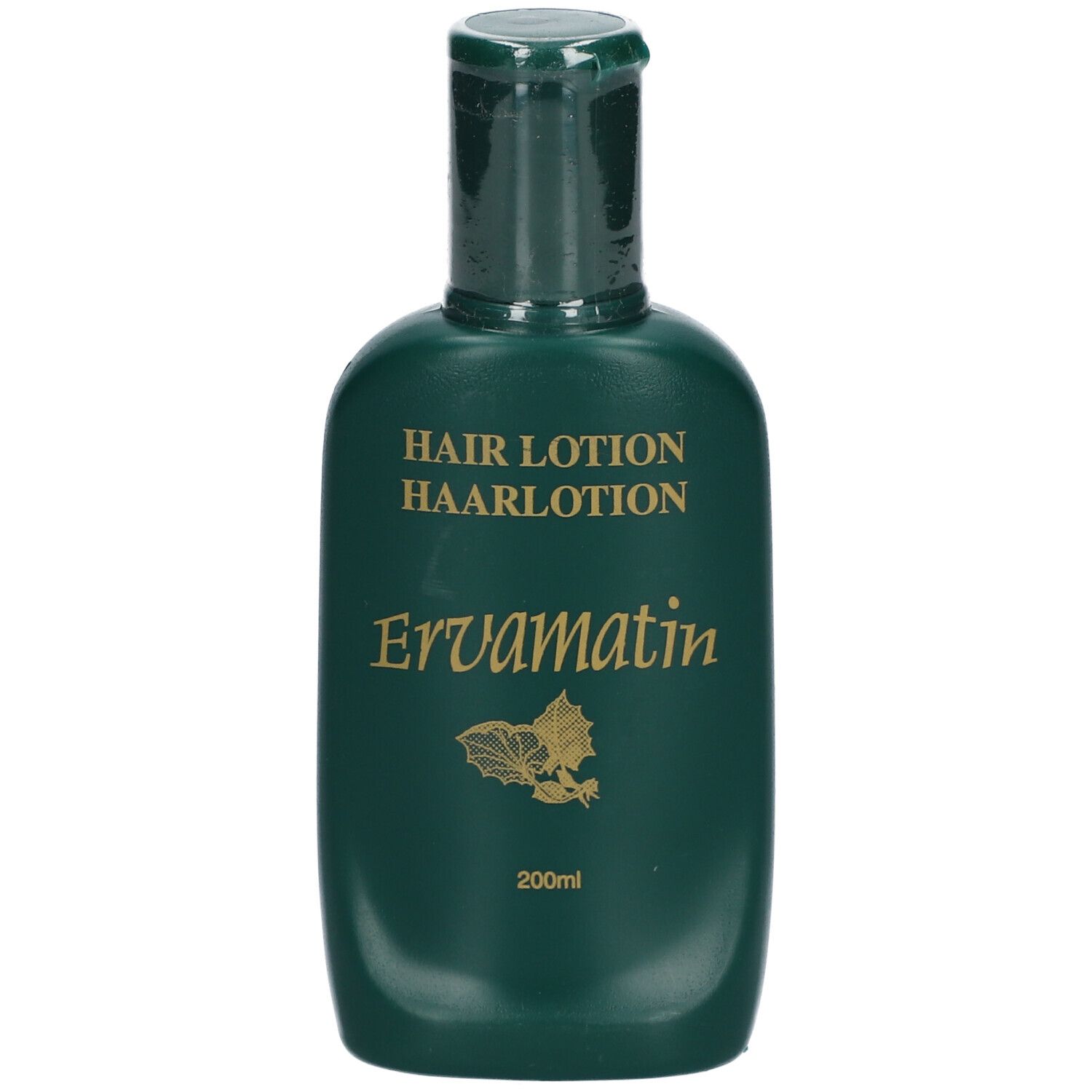 Flacon vert avec impression dorée. Inscription : Hair Lotion, Ervamatin, 200ml.