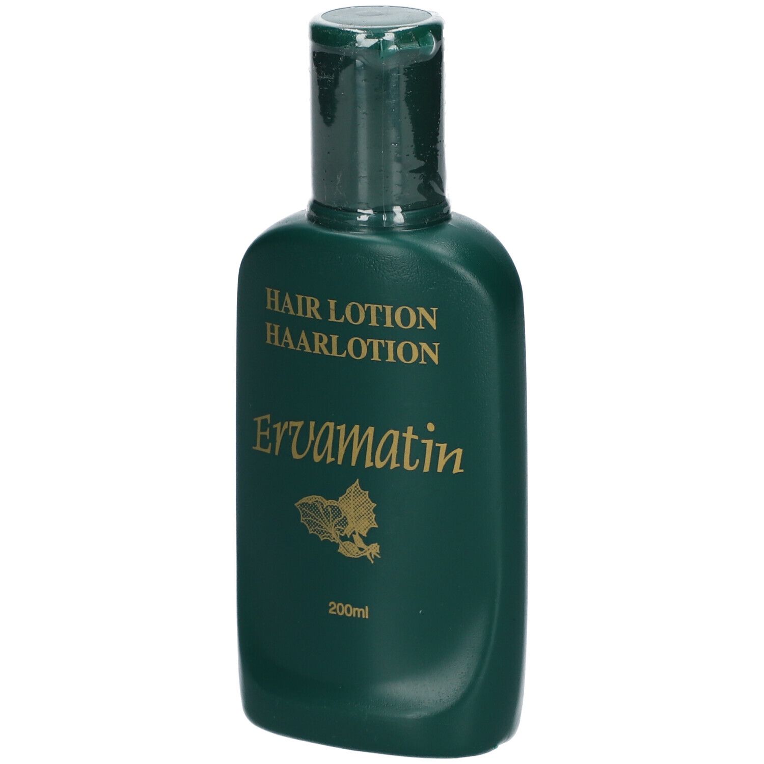 Flacon vert avec impression dorée. Inscription : Hair Lotion, Ervamatin, 200ml.