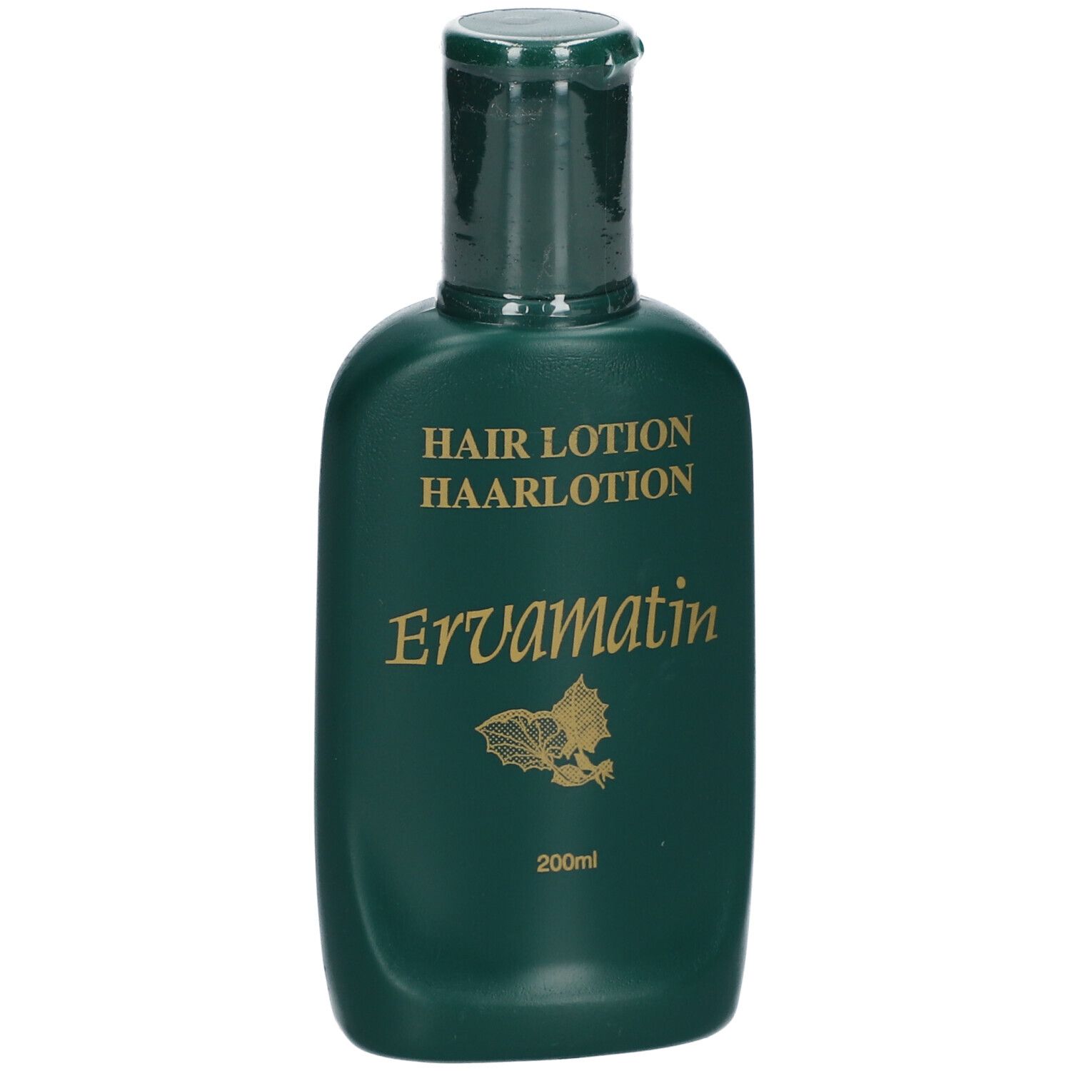 Flacon vert avec impression dorée. Inscription : Hair Lotion, Ervamatin, 200ml.